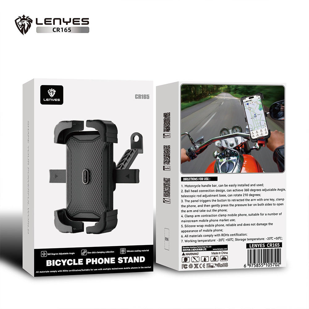 LENYES CR165 Soporte Móvil Moto Bicicleta 360° Ball Head One-Click Silicona Negro