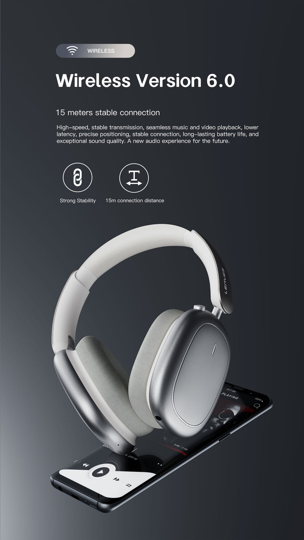LENYES LH62 ANC Auriculares Bluetooth Cancelación Ruido 40mm 20h Gun Metal