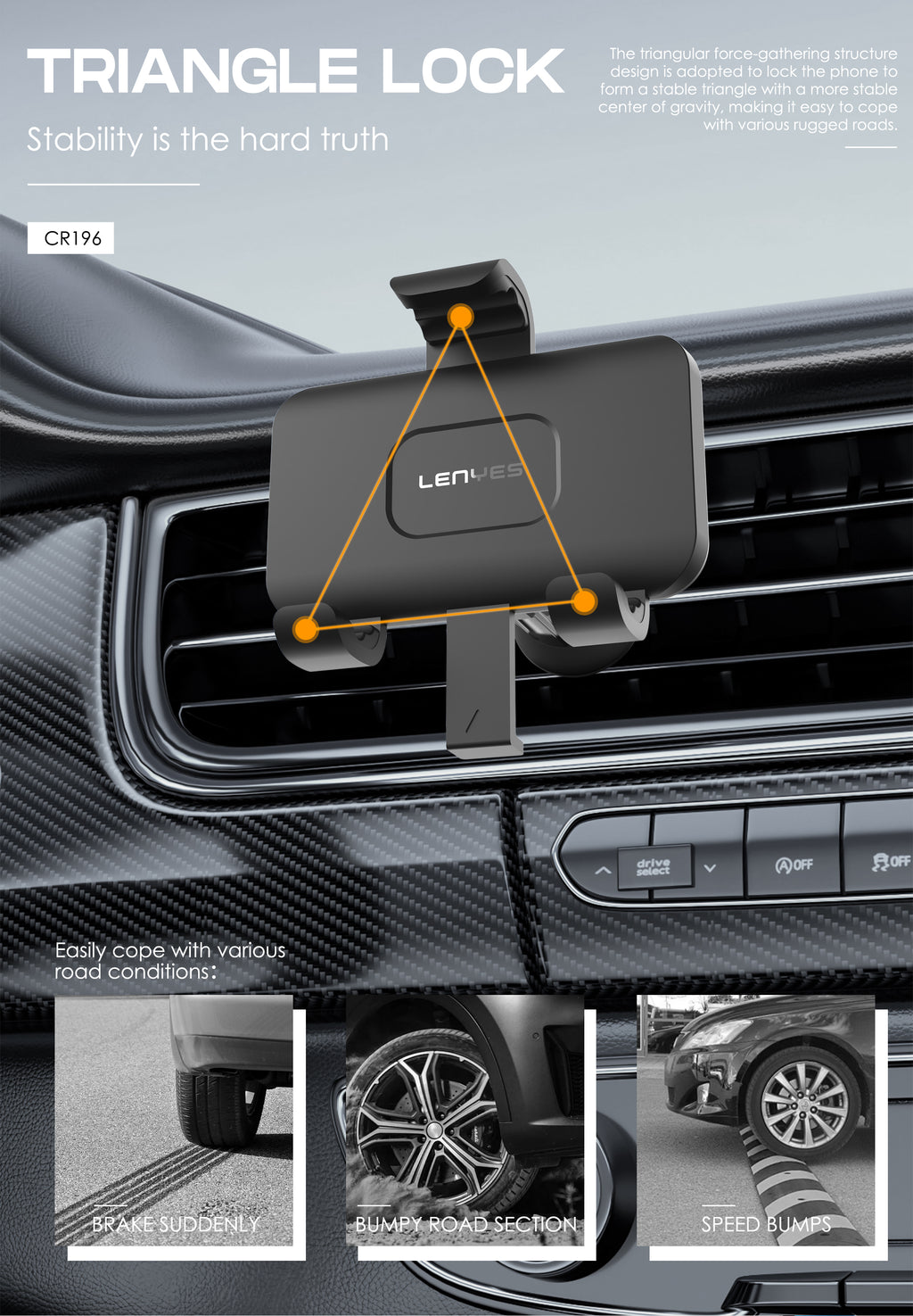 LENYES CR196 Soporte Coche Gravedad Rejilla Triangular 360° Negro