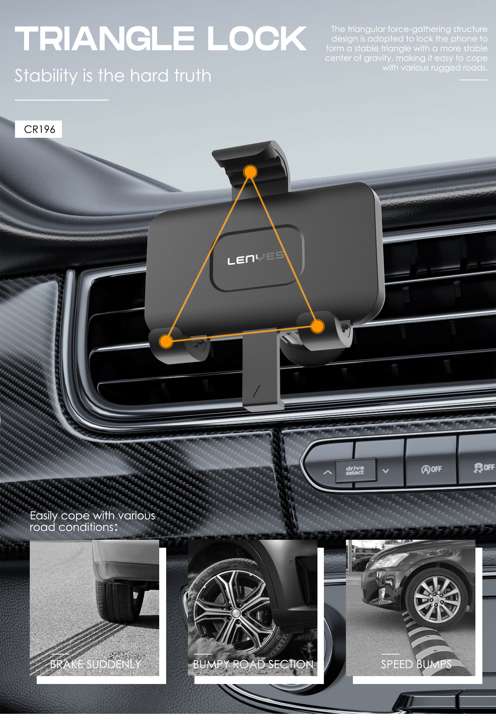 LENYES CR196 Soporte Coche Gravedad Rejilla Triangular 360° Negro