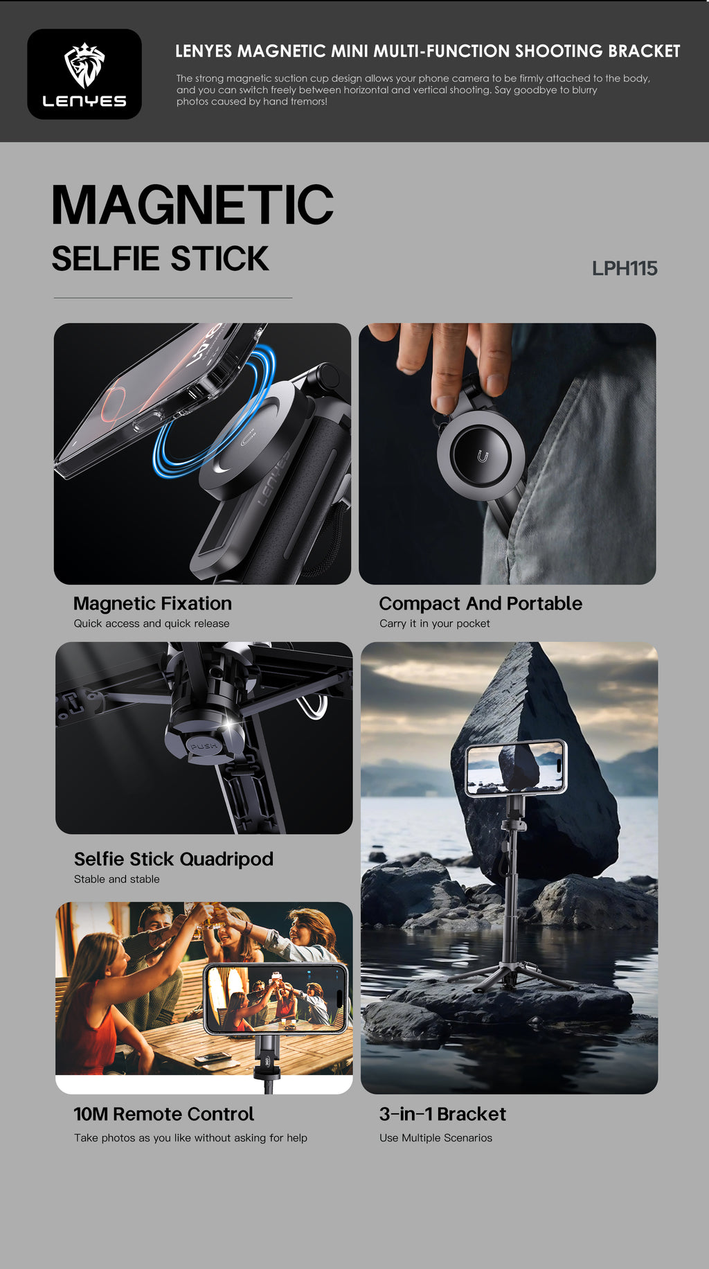 Mini Trípode MagSafe 3-en-1 | Extensible y con Control Bluetooth | LPH115