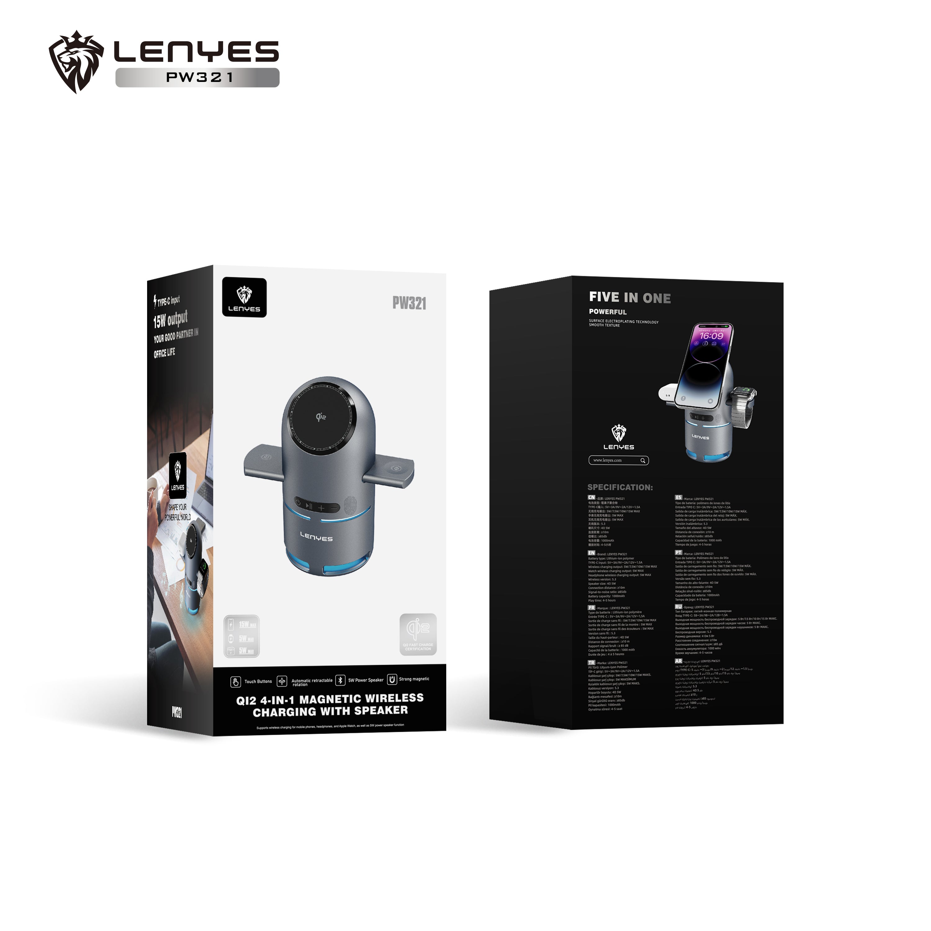 LENYES PW321 Cargador Inalámbrico 3en1 15W Qi2 Altavoz Bluetooth 5.3 LED