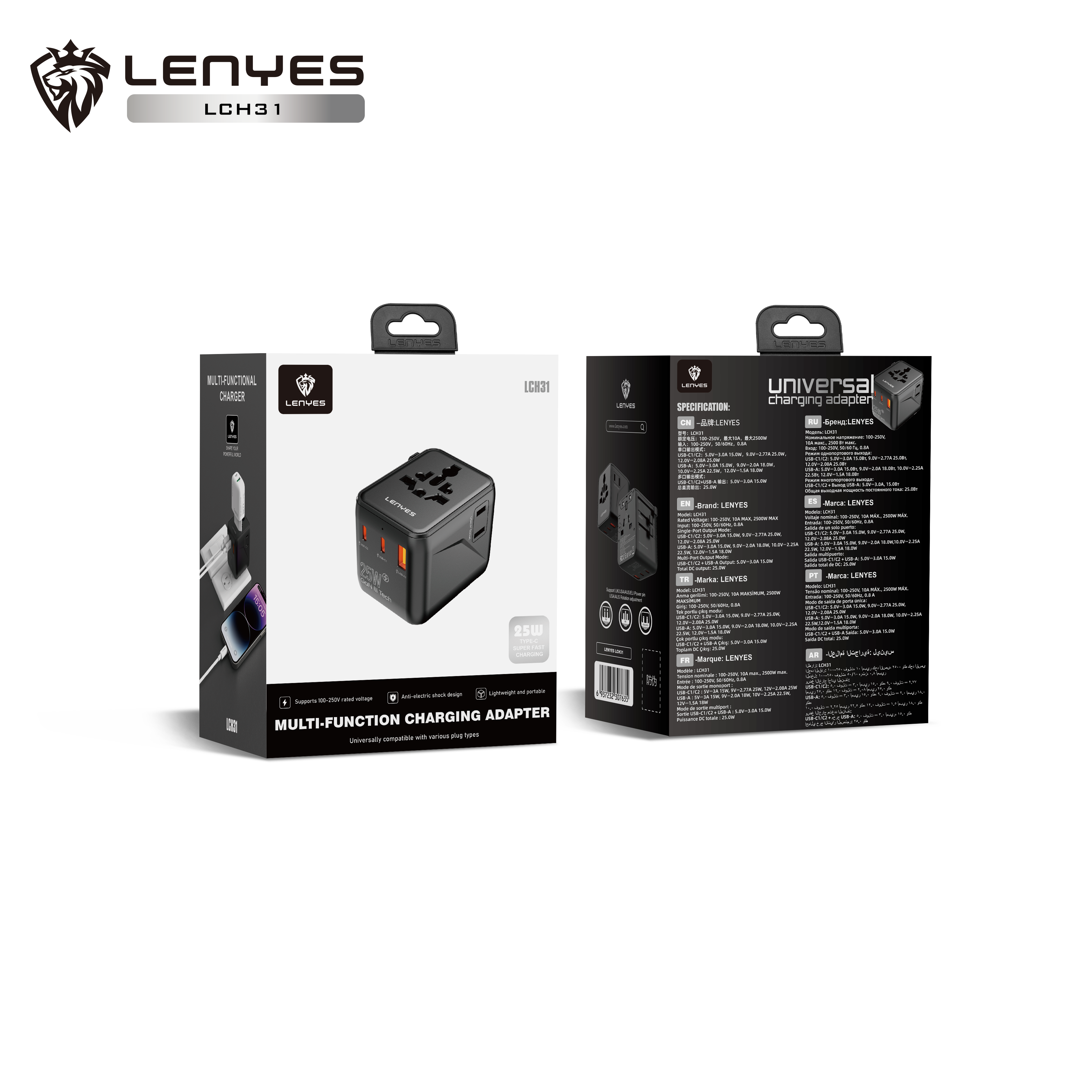 LENYES LCH31 Adaptador de Viaje Universal 2500W con 2 USB-C 25W + USB-A 22.5W - UK EU USA AU