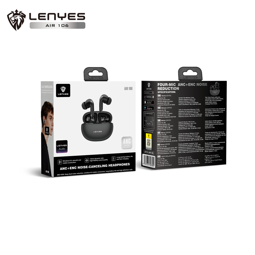 LENYES AIR 106 Auriculares TWS Bluetooth 6.0 ANC-35dB ENC-45dB 4H Autonomía Negro