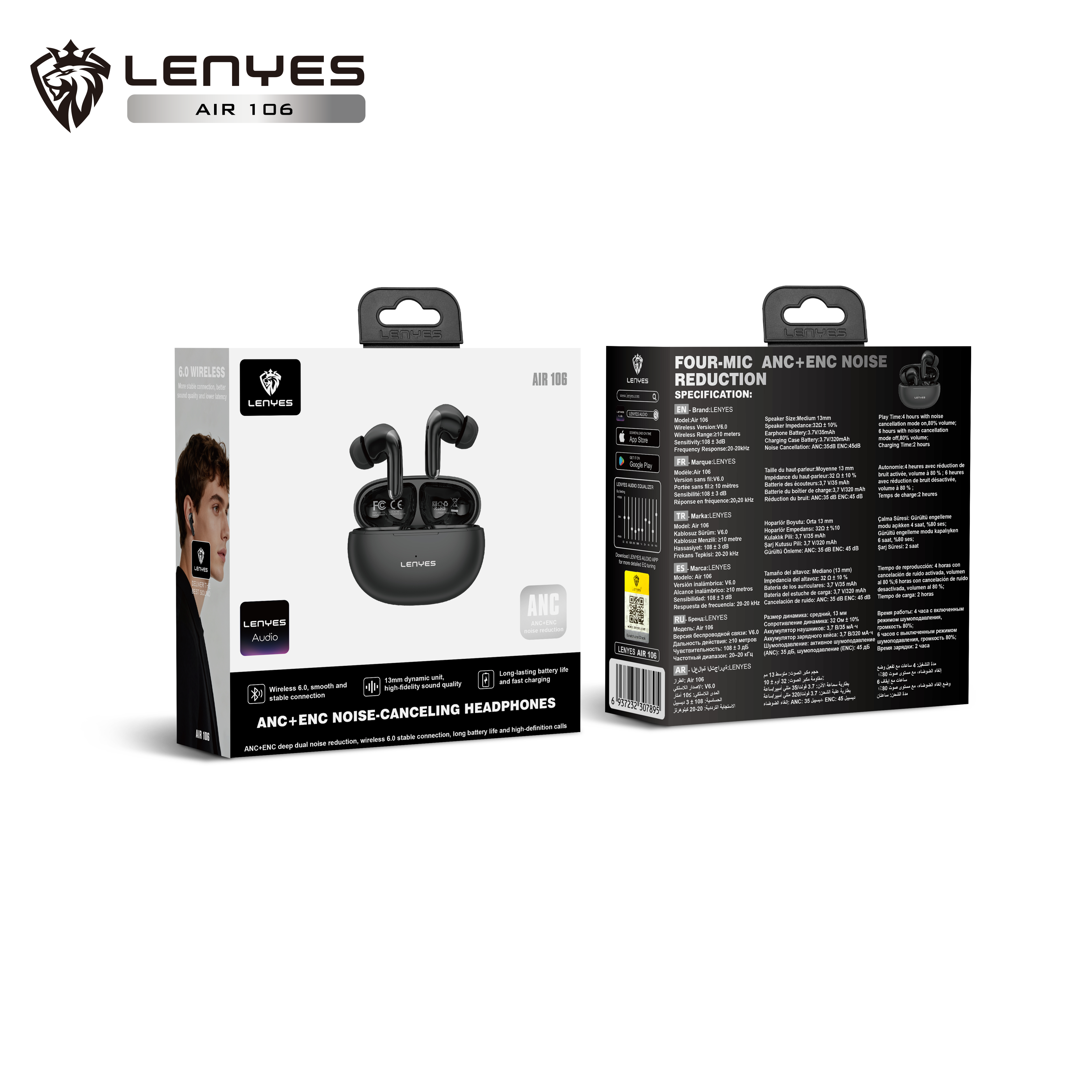 LENYES AIR 106 Auriculares TWS Bluetooth 6.0 ANC-35dB ENC-45dB 4H Autonomía Negro