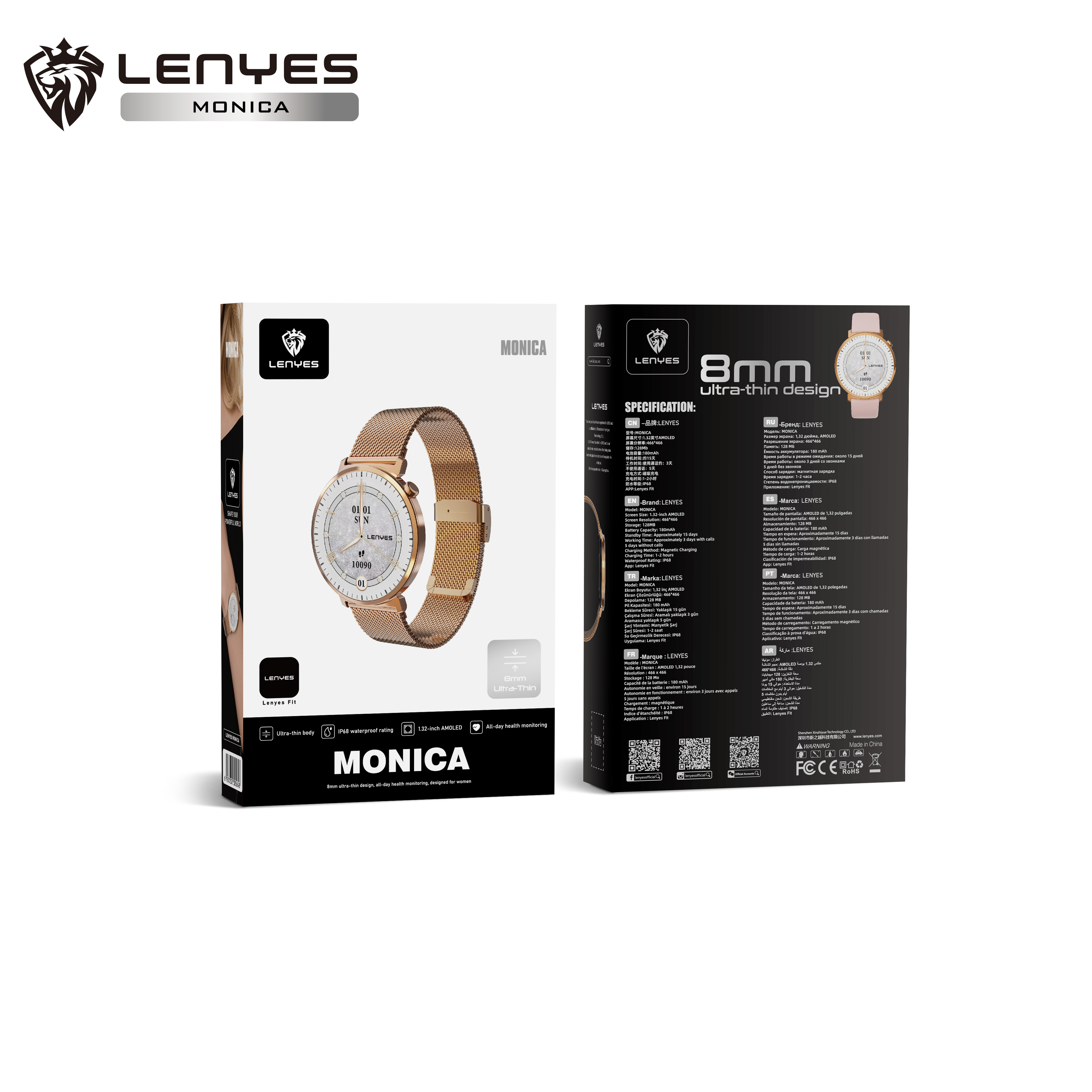 LENYES MONICA Smartwatch Ultra-Thin 8mm AMOLED 1.32" IP68 180mAh Oro Rosa