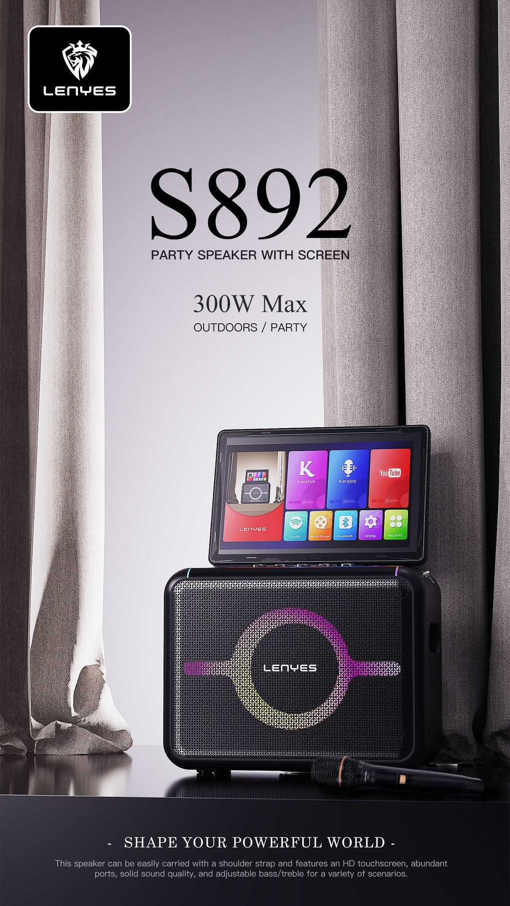 LENYES S892 Altavoz Bluetooth Profesional IPX6 TWS 15h + 2 Micrófonos Negro