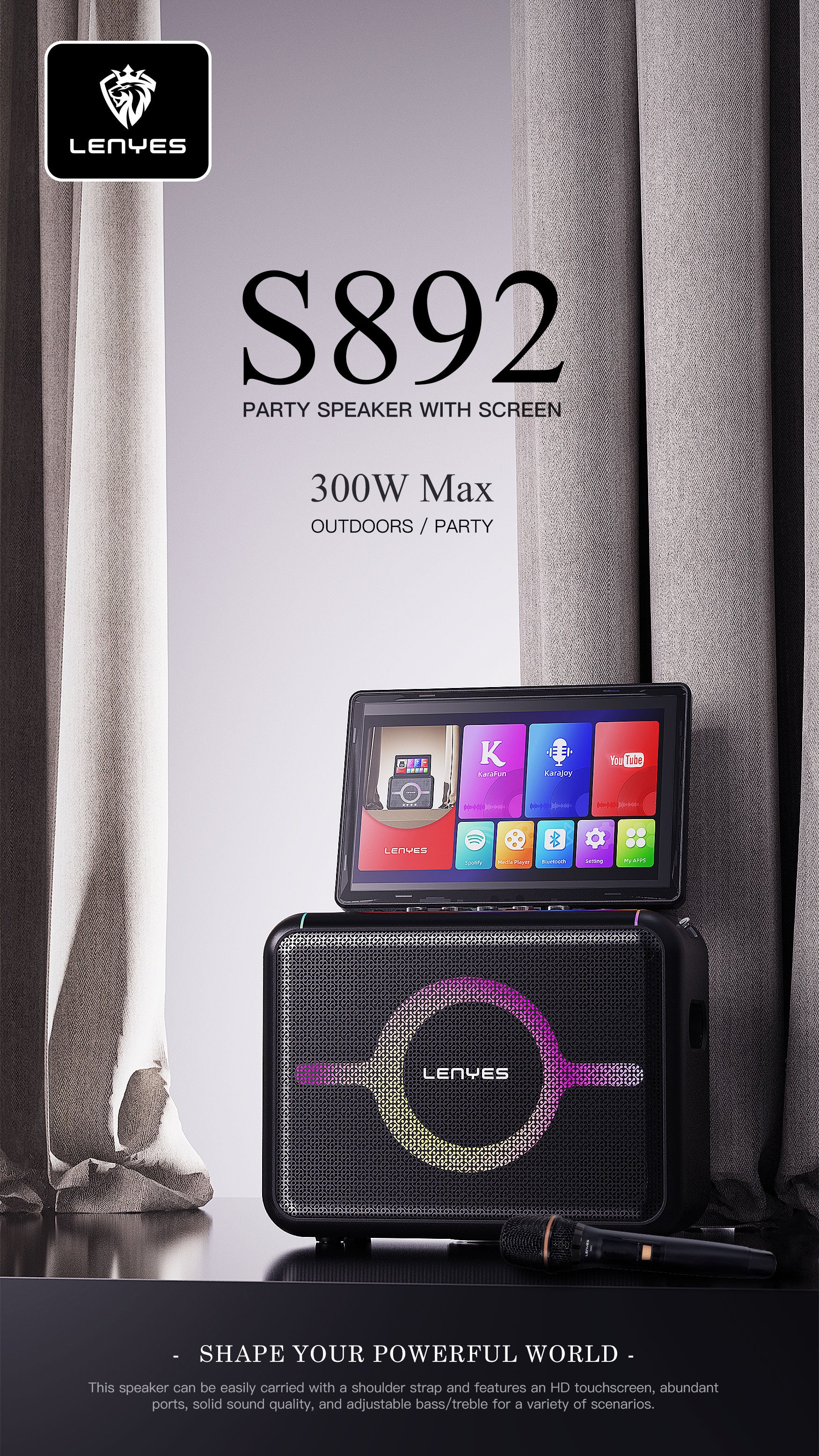 LENYES S892 Altavoz Bluetooth Profesional IPX6 TWS 15h + 2 Micrófonos Negro