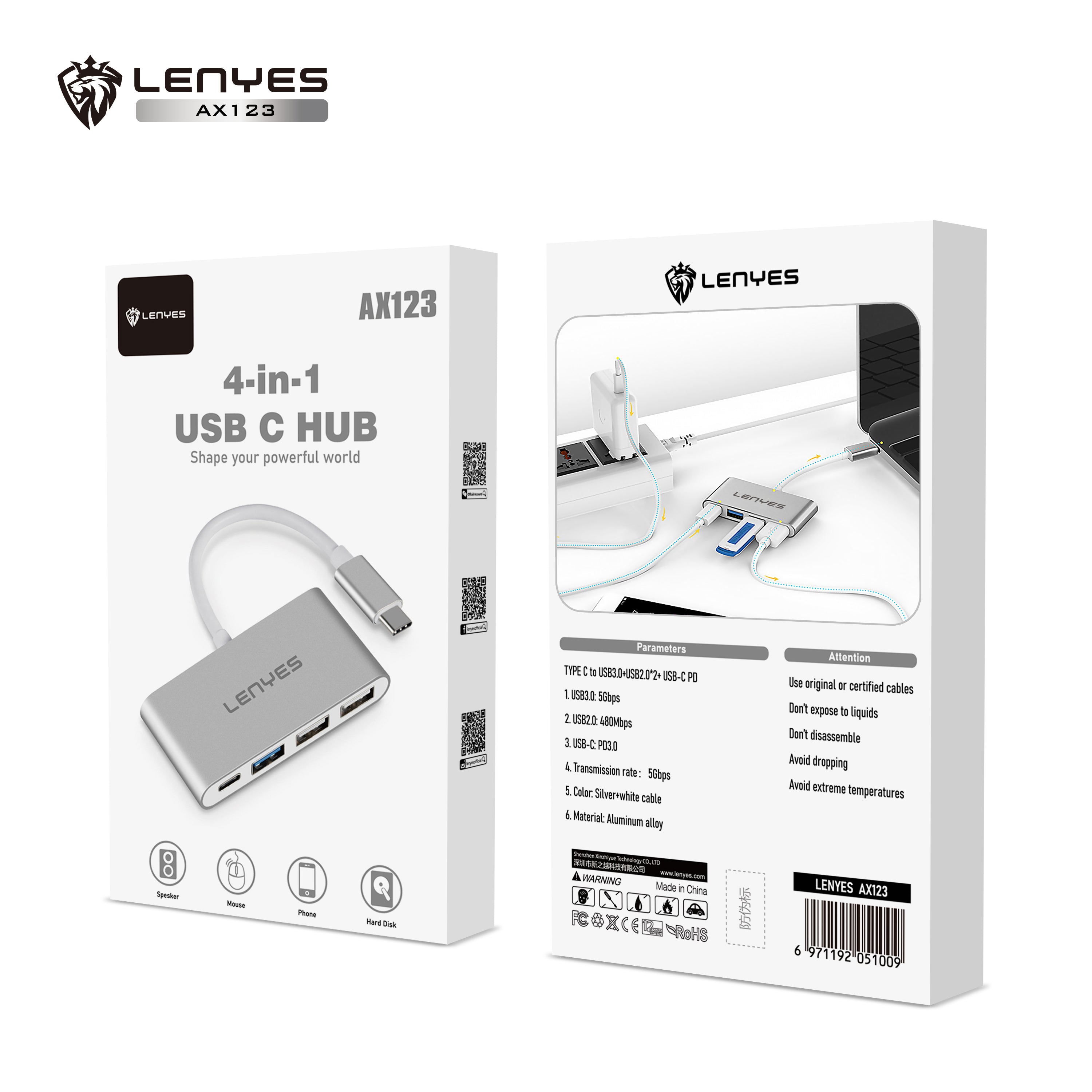 AX123 Tipo-C HUB 4 en 1 -Lenyes