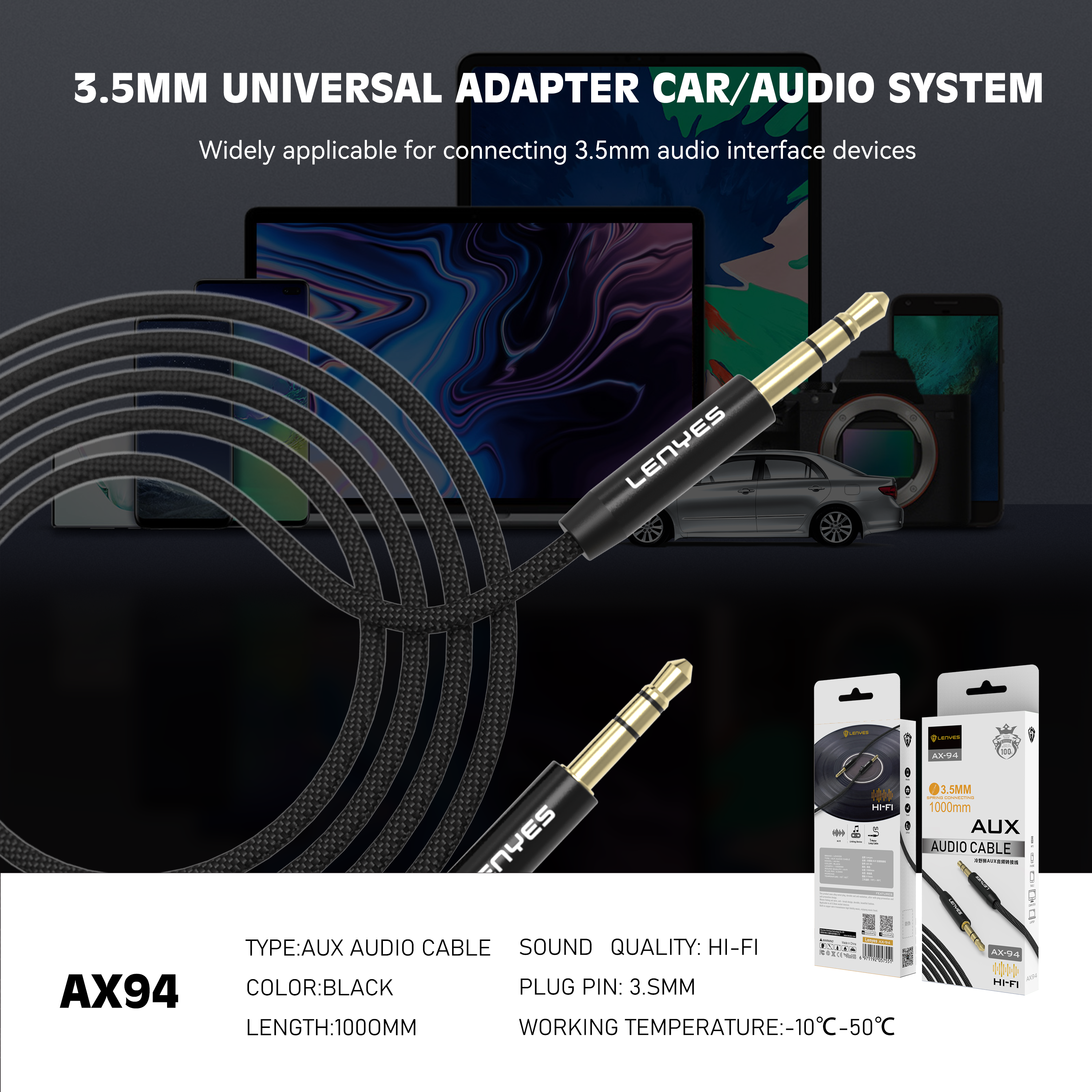 LENYES AX94 Cable Auxiliar 3.5mm Hi-Fi Chapado Oro Trenzado 1m Negro