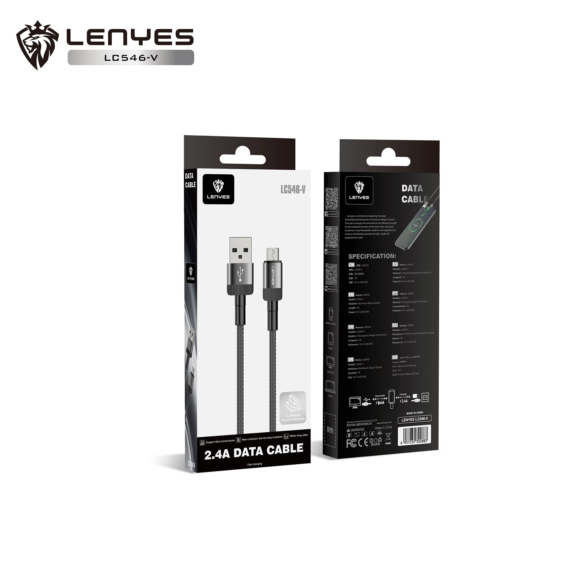 Cable USB-A a Micro USB Lenyes LC546-V | 2.4A (12W) | 1 Metro | Aleación de Aluminio y Nylon Trenzado