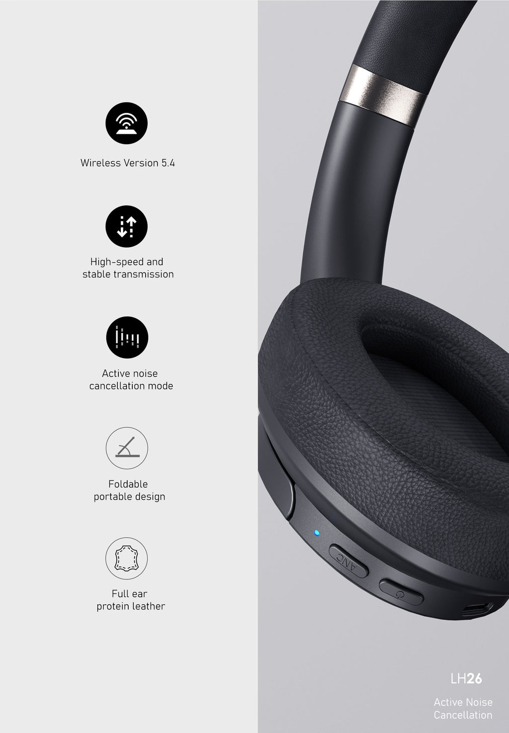 LENYES LH26 ANC Auriculares Bluetooth Cancelación Ruido 40mm Plegables Negro