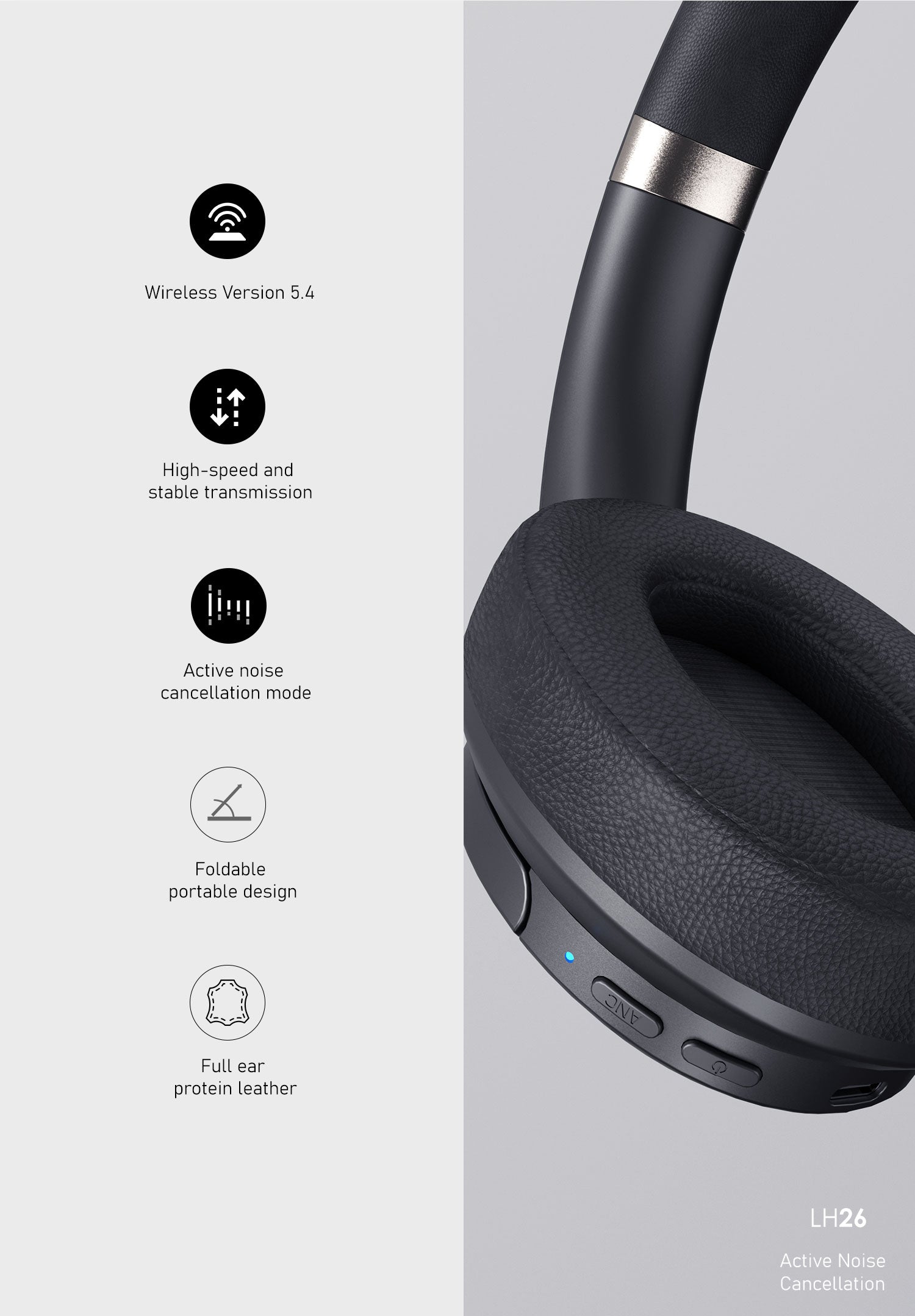 LENYES LH26 ANC Auriculares Bluetooth Cancelación Ruido 40mm Plegables Negro