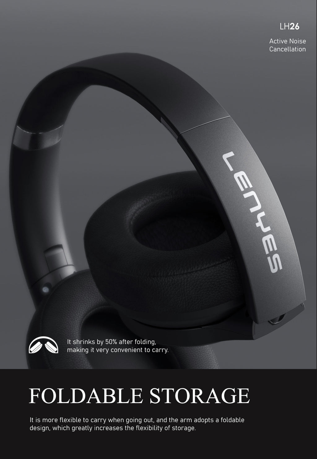LENYES LH26 ANC Auriculares Bluetooth Cancelación Ruido 40mm Plegables Negro