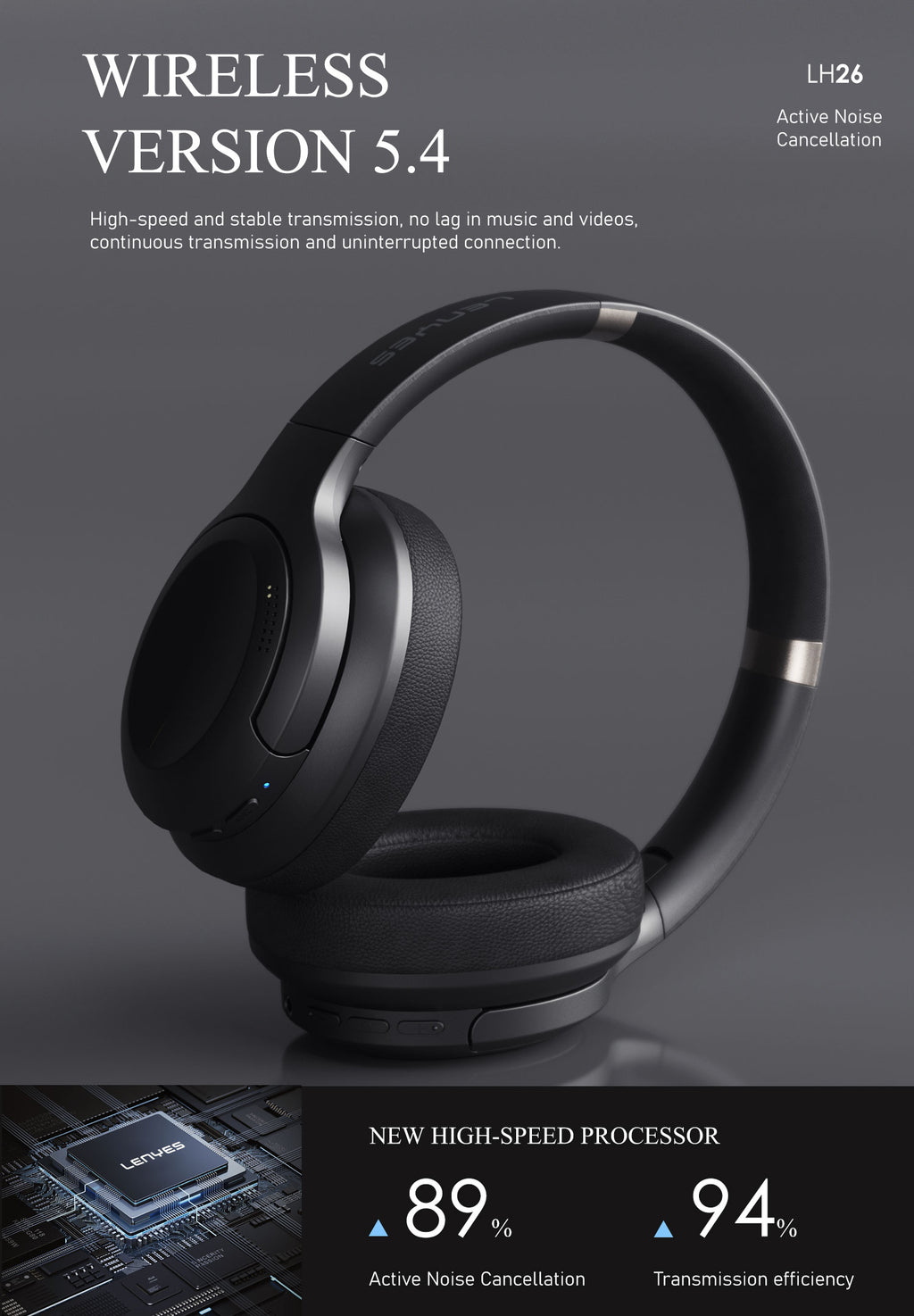LENYES LH26 ANC Auriculares Bluetooth Cancelación Ruido 40mm Plegables Negro