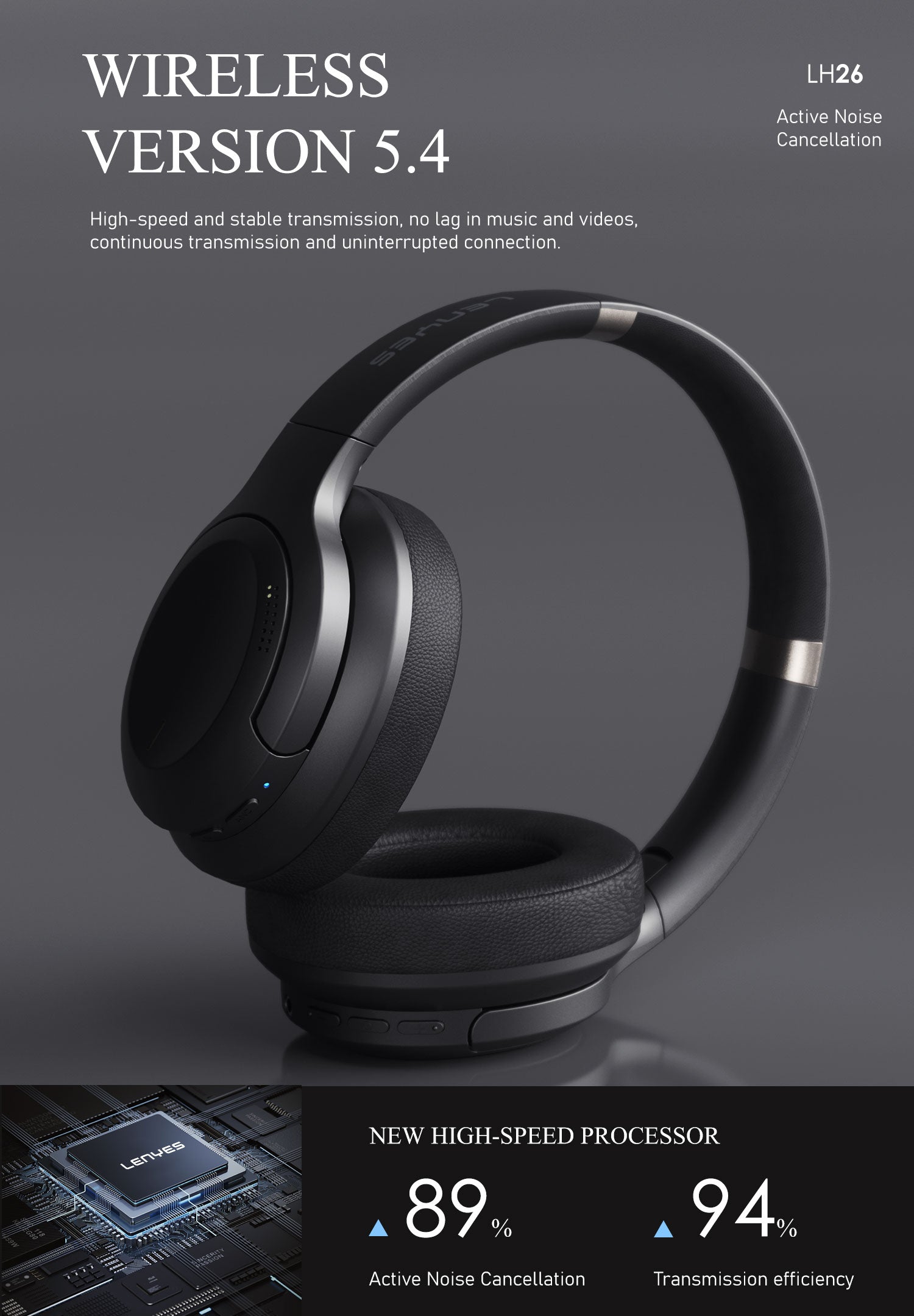 LENYES LH26 ANC Auriculares Bluetooth Cancelación Ruido 40mm Plegables Negro