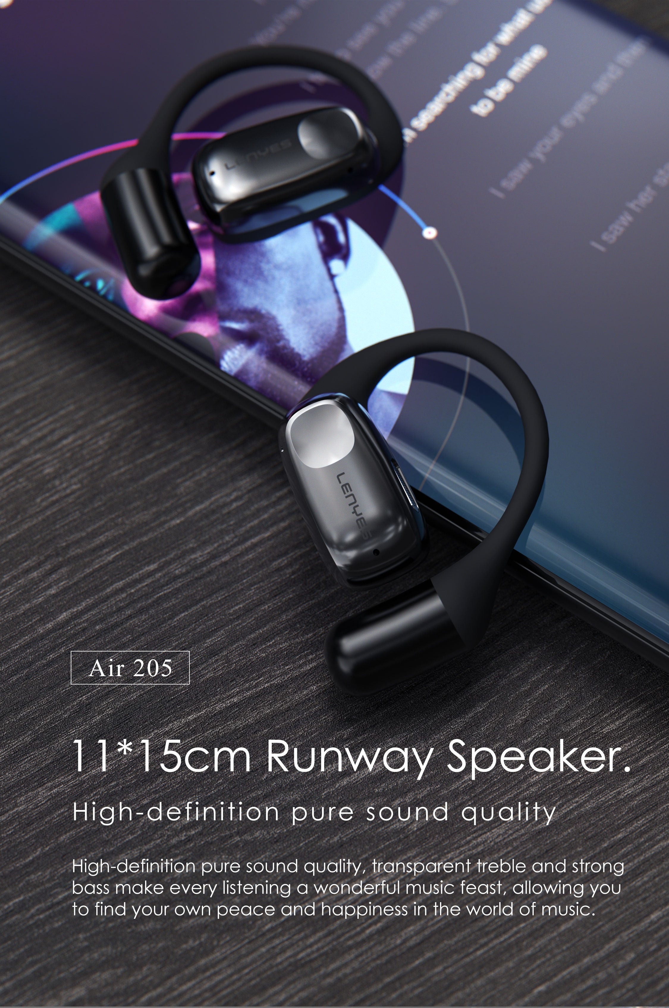 LENYES AIR 205 Auriculares OWS Oído Abierto Bluetooth 5.4 IPX6 6h Negro