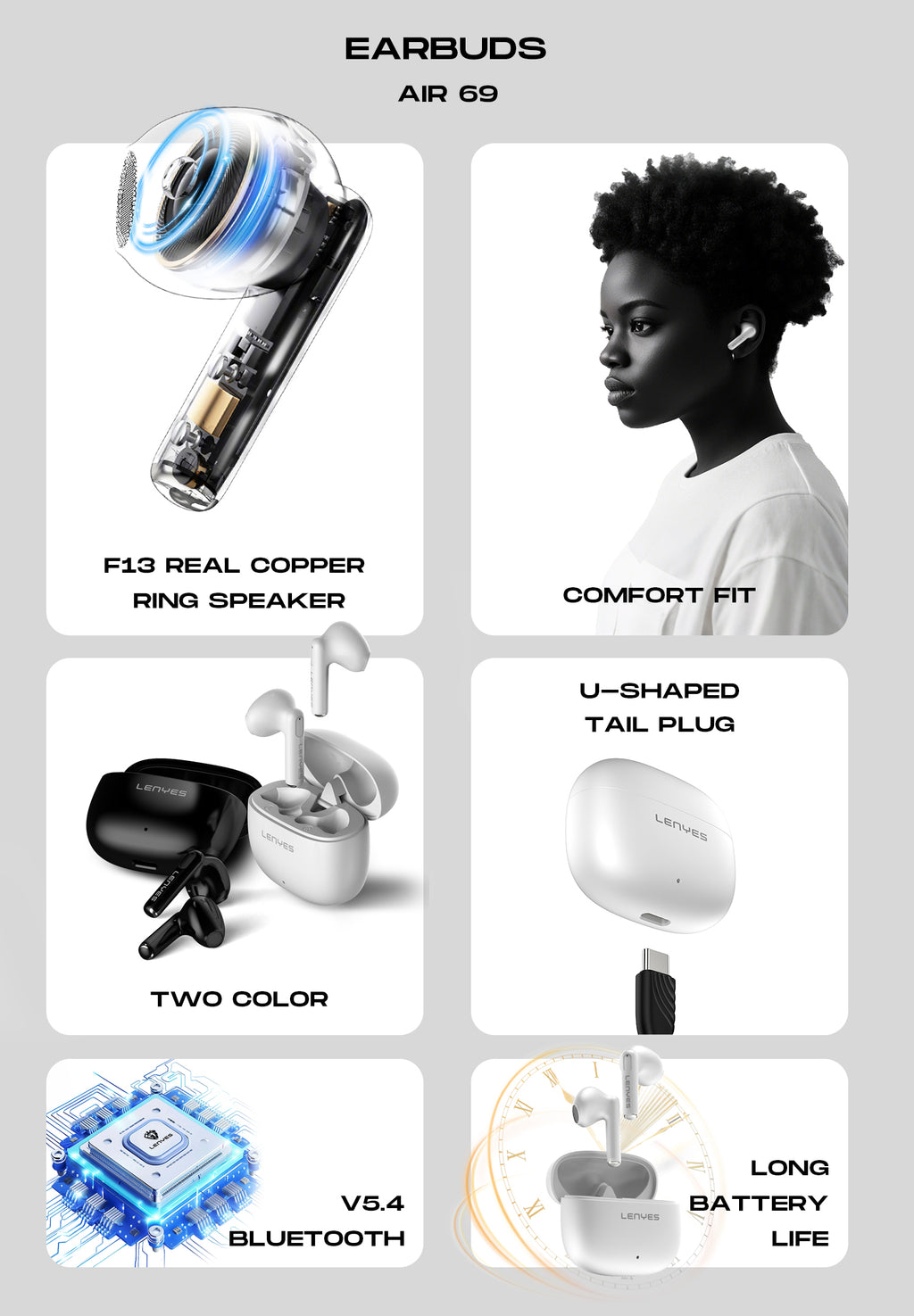 LENYES Air 69 WHITE Auriculares Bluetooth 5.4 TWS con Carga Magnética - Control Táctil y Hi-Res Audio