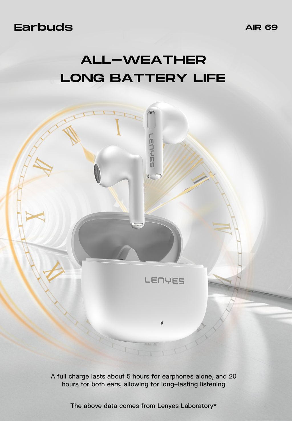 LENYES Air 69 WHITE Auriculares Bluetooth 5.4 TWS con Carga Magnética - Control Táctil y Hi-Res Audio