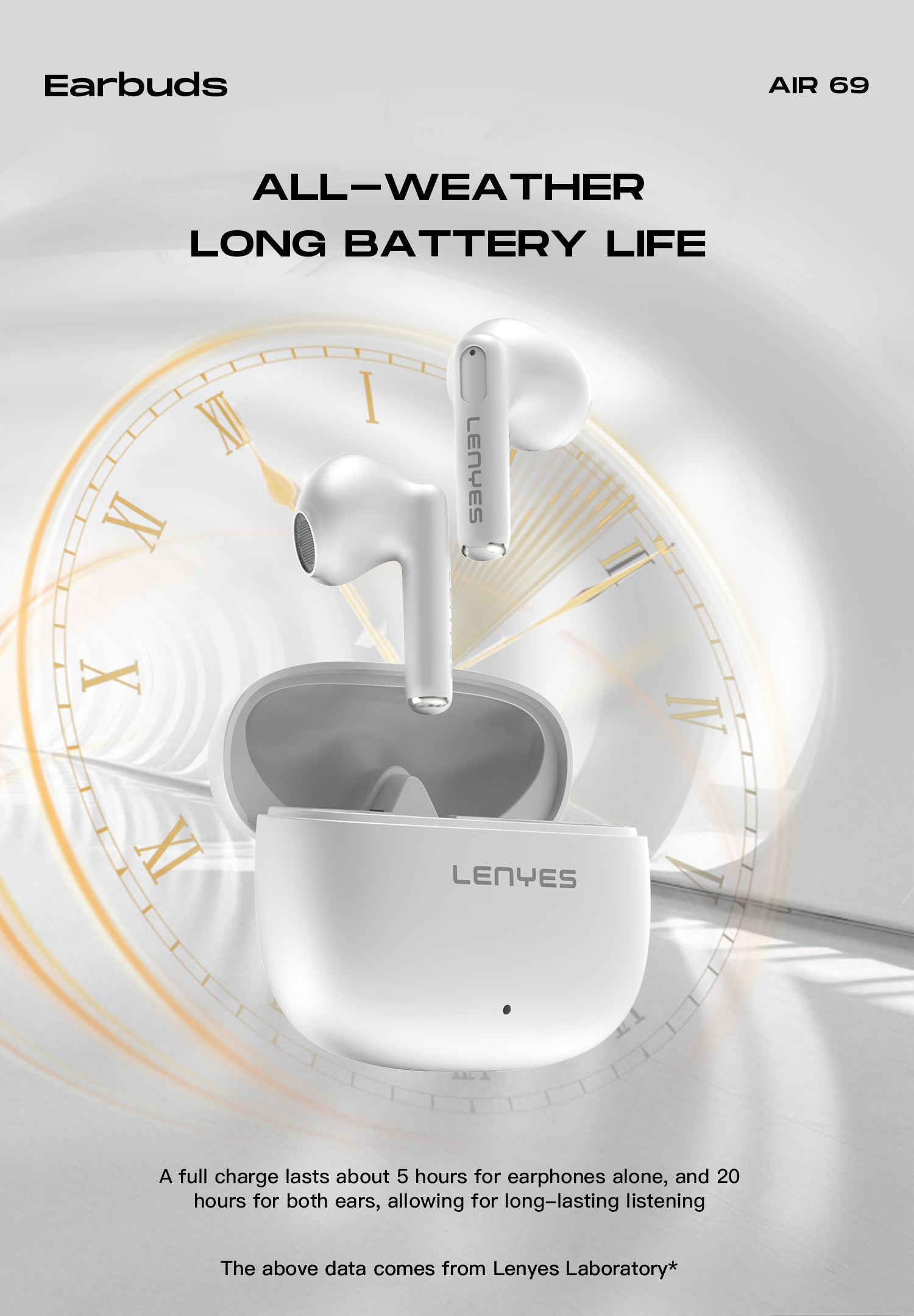 LENYES Air 69 WHITE Auriculares Bluetooth 5.4 TWS con Carga Magnética - Control Táctil y Hi-Res Audio