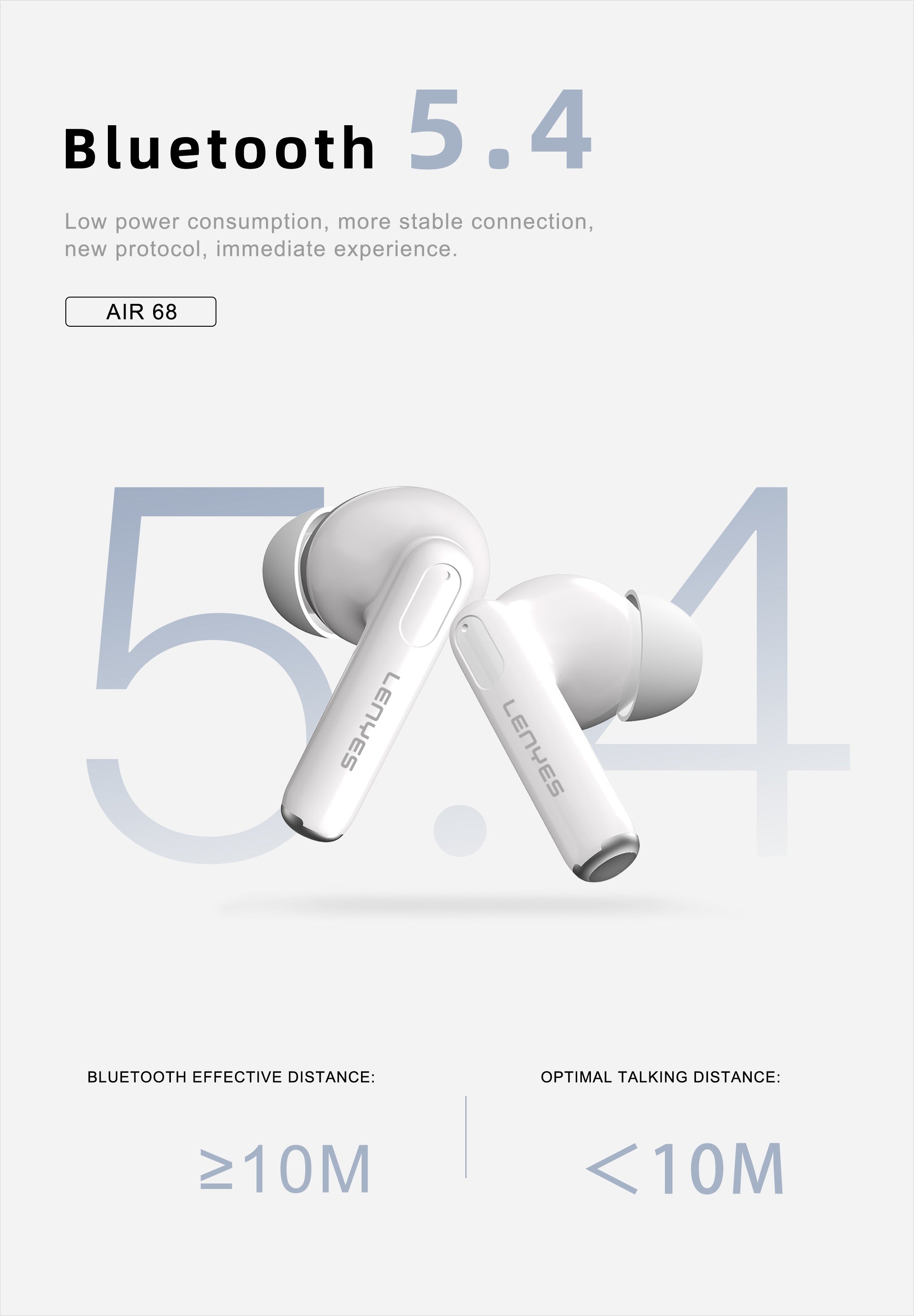 LENYES Air 68 WHITE Auriculares Bluetooth 5.4 TWS con Control Táctil - Diseño Compacto y Ligero
