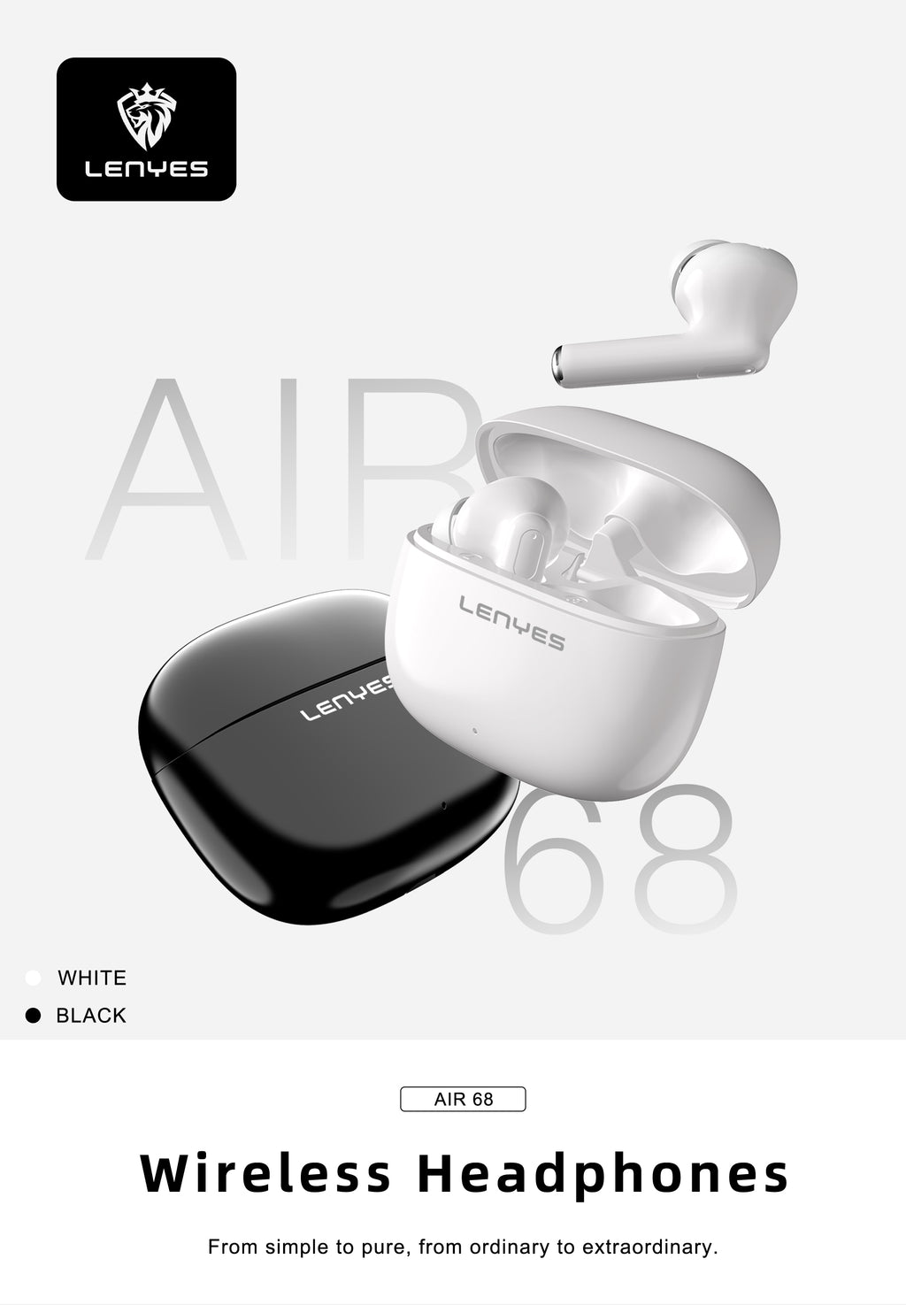 LENYES Air 68 BLACK Auriculares Bluetooth 5.4 TWS con Control Táctil - Diseño Compacto y Ligero