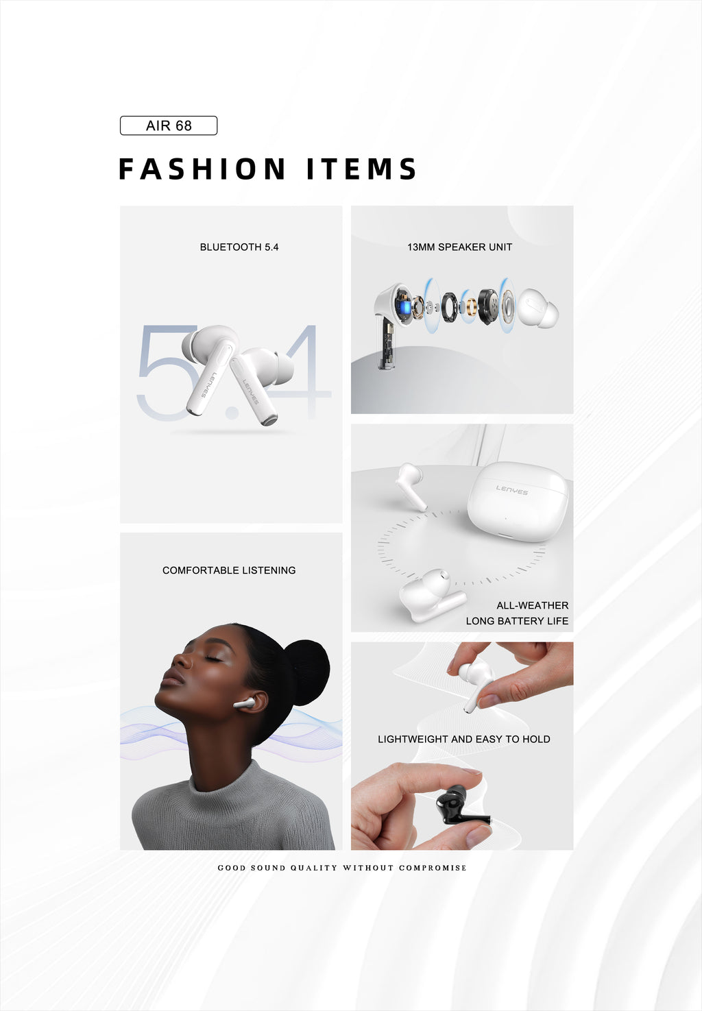LENYES Air 68 BLACK Auriculares Bluetooth 5.4 TWS con Control Táctil - Diseño Compacto y Ligero