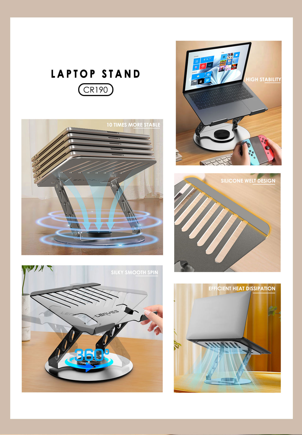 LENYES CR190 Soporte Portátil Tablet 360° Aluminio 10-17.3" Plegable Plata