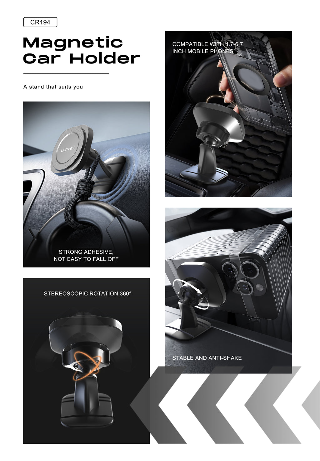 LENYES CR194 Soporte Magnético Coche Adhesivo 3M 360° MagSafe Negro