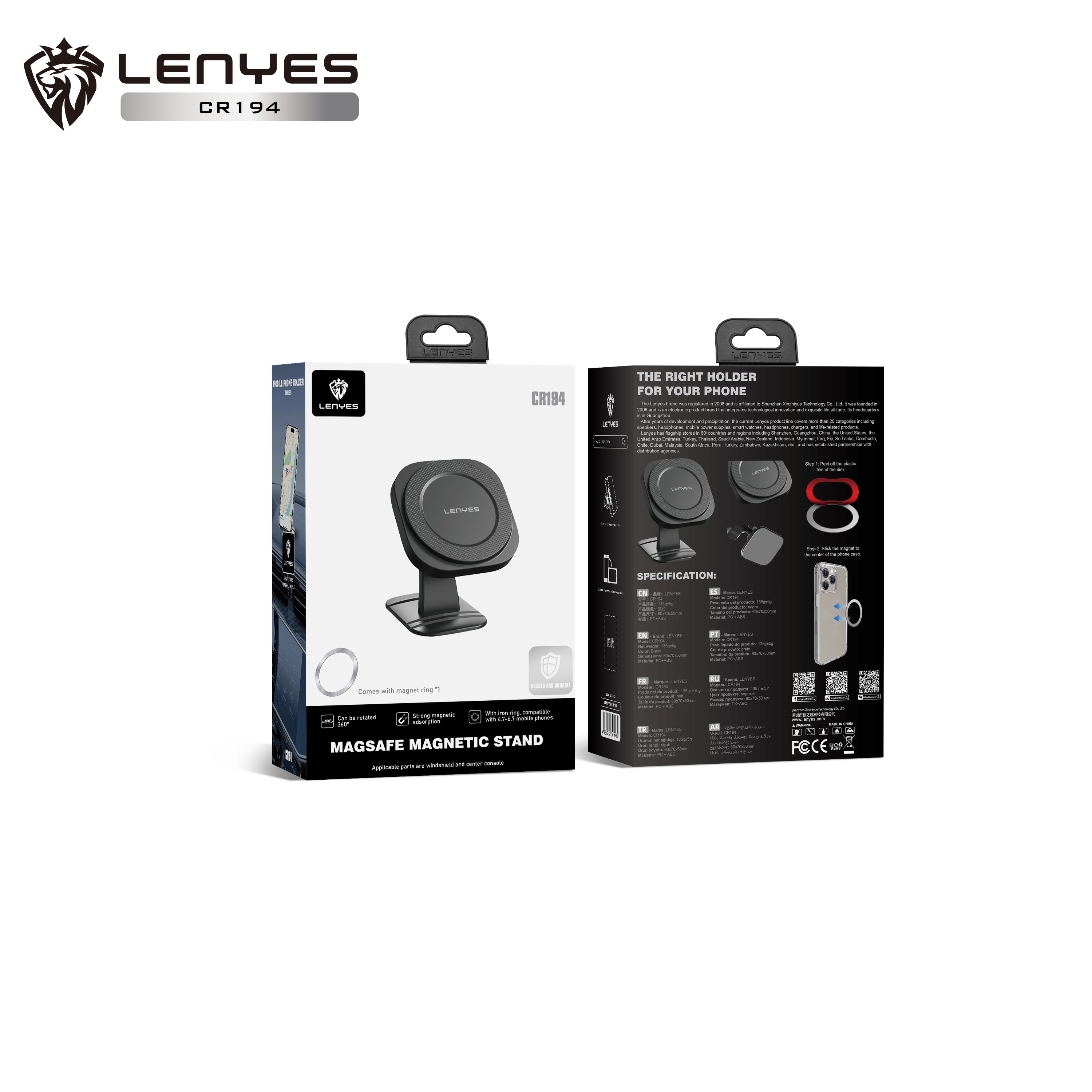 LENYES CR194 Soporte Magnético Coche Adhesivo 3M 360° MagSafe Negro