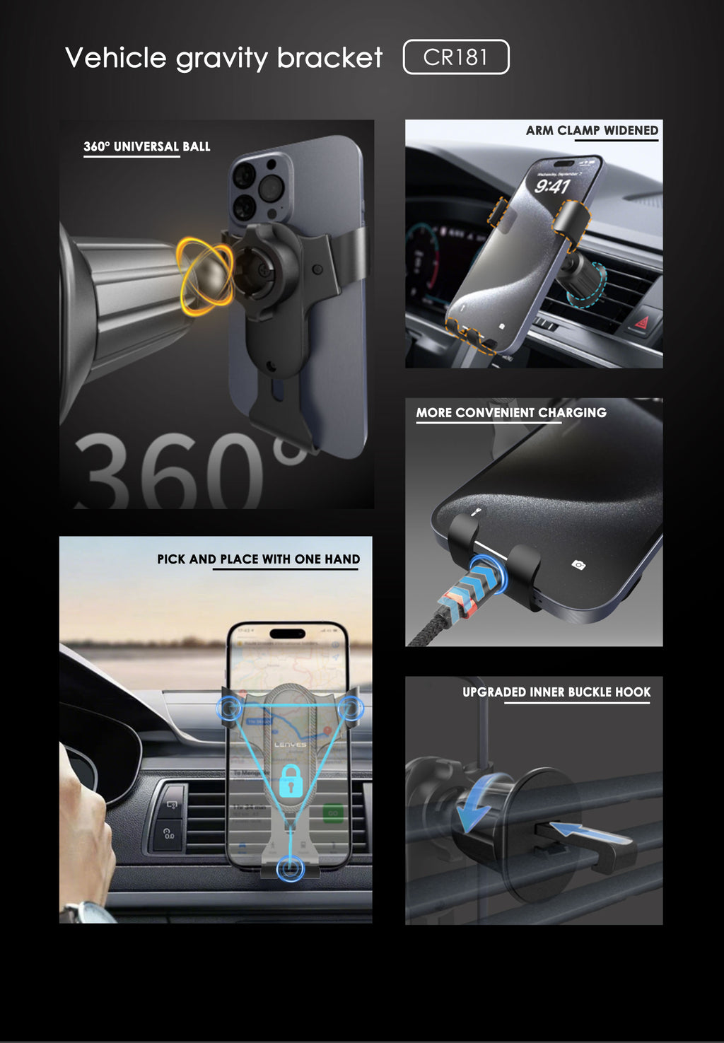 LENYES CR181 Soporte Coche Gravedad Rejilla Ventilación 360° Negro
