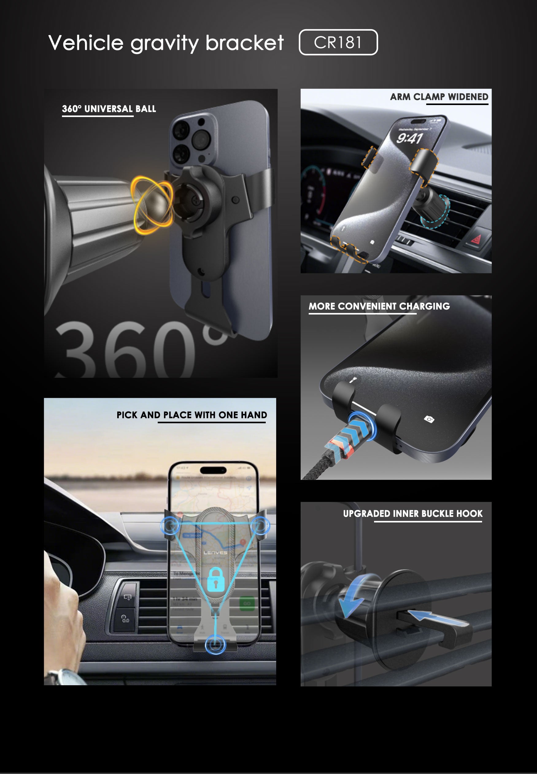 LENYES CR181 Soporte Coche Gravedad Rejilla Ventilación 360° Negro
