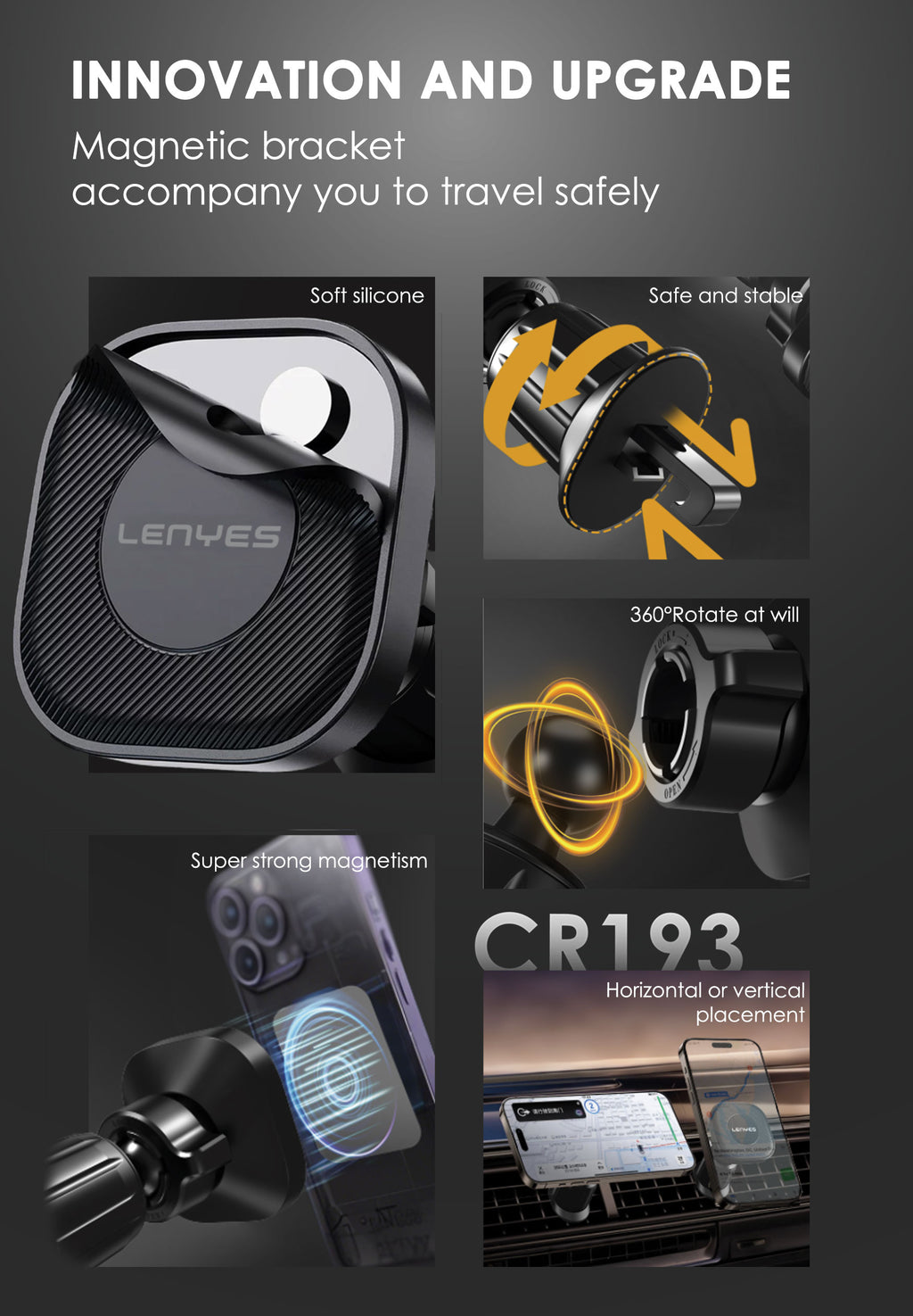 LENYES CR193 Soporte Magnético Coche Rejilla 6 Imanes 360° MagSafe Negro