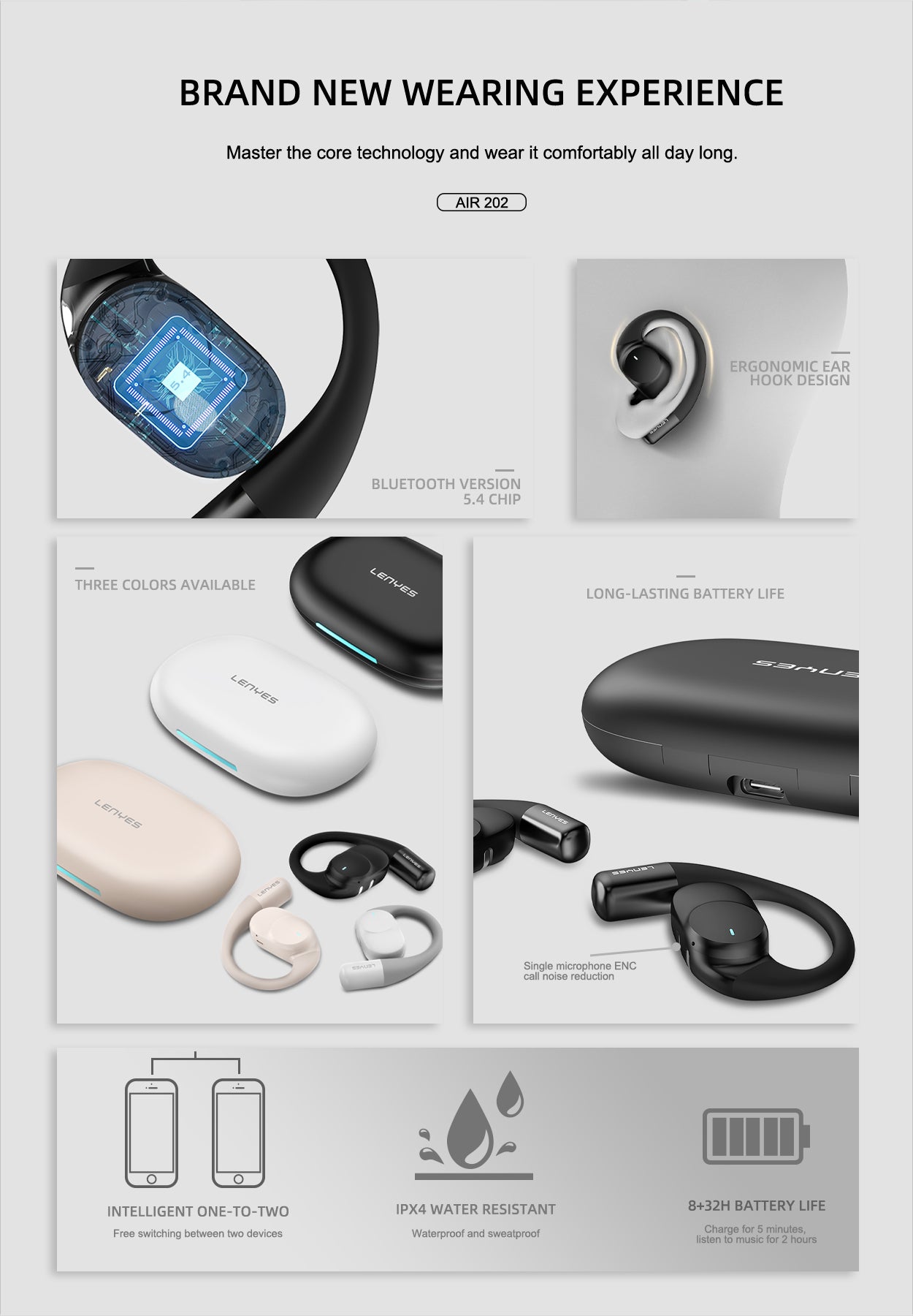 LENYES AIR 202 BEIGE Auriculares Bluetooth 5.4 Abiertos con Gancho - IPX4 Resistentes al Agua 32h Batería