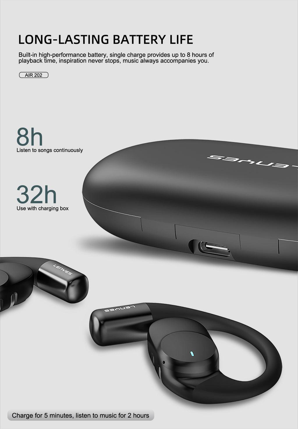 LENYES AIR 202 BEIGE Auriculares Bluetooth 5.4 Abiertos con Gancho - IPX4 Resistentes al Agua 32h Batería