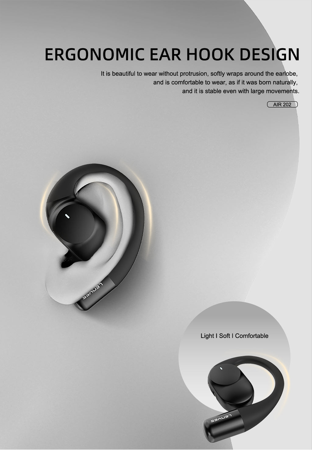 LENYES AIR 202 BEIGE Auriculares Bluetooth 5.4 Abiertos con Gancho - IPX4 Resistentes al Agua 32h Batería