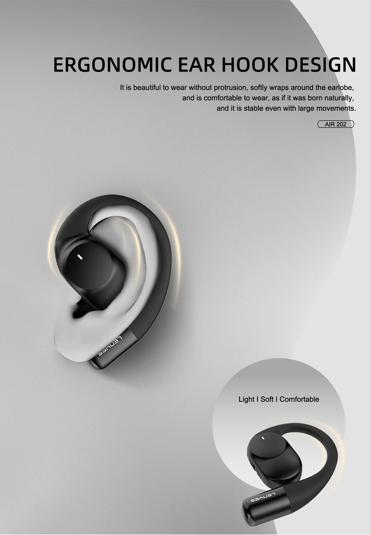 LENYES AIR 202 BEIGE Auriculares Bluetooth 5.4 Abiertos con Gancho - IPX4 Resistentes al Agua 32h Batería