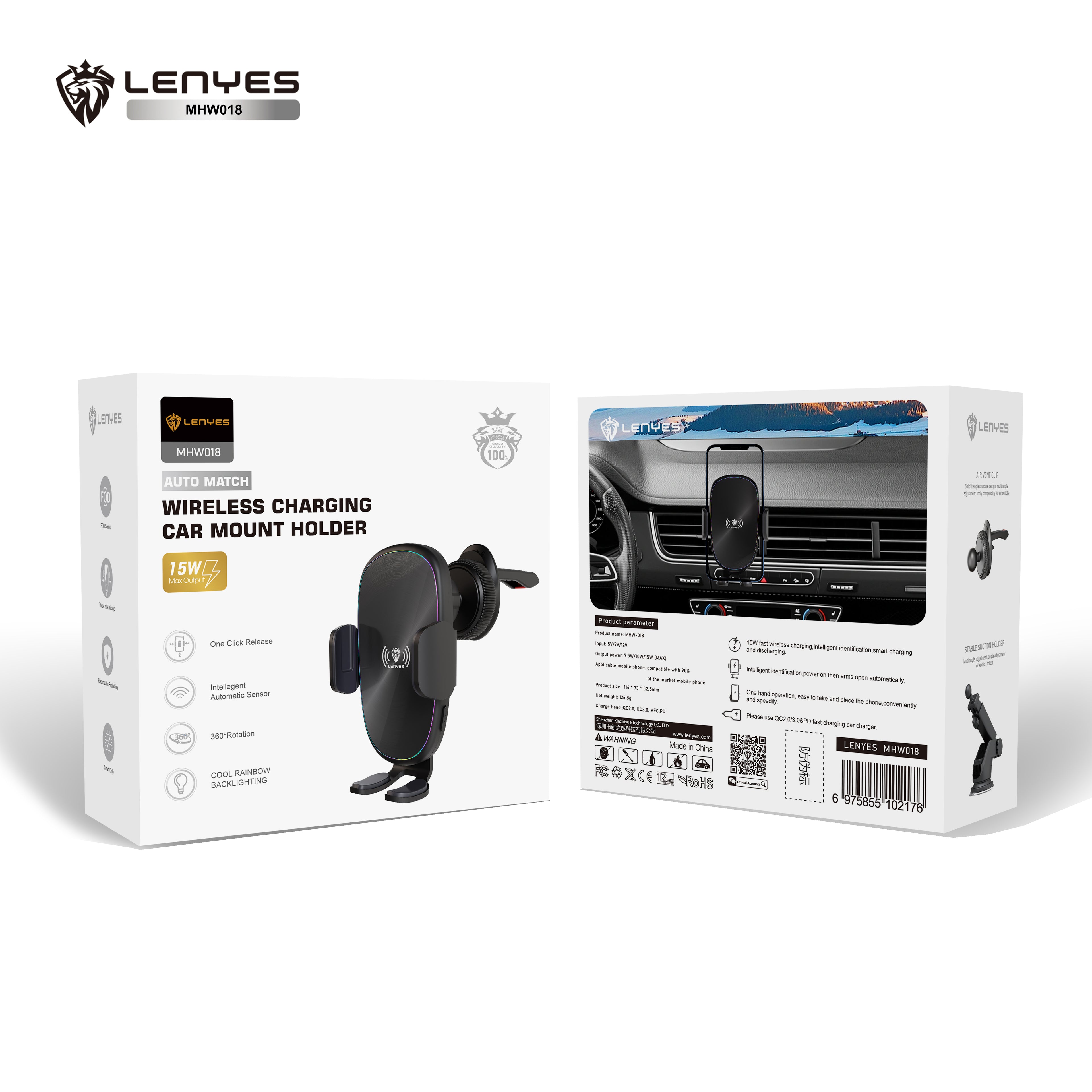 LENYES MHW018 Soporte Coche Carga Inalámbrica 15W Automático RGB Negro