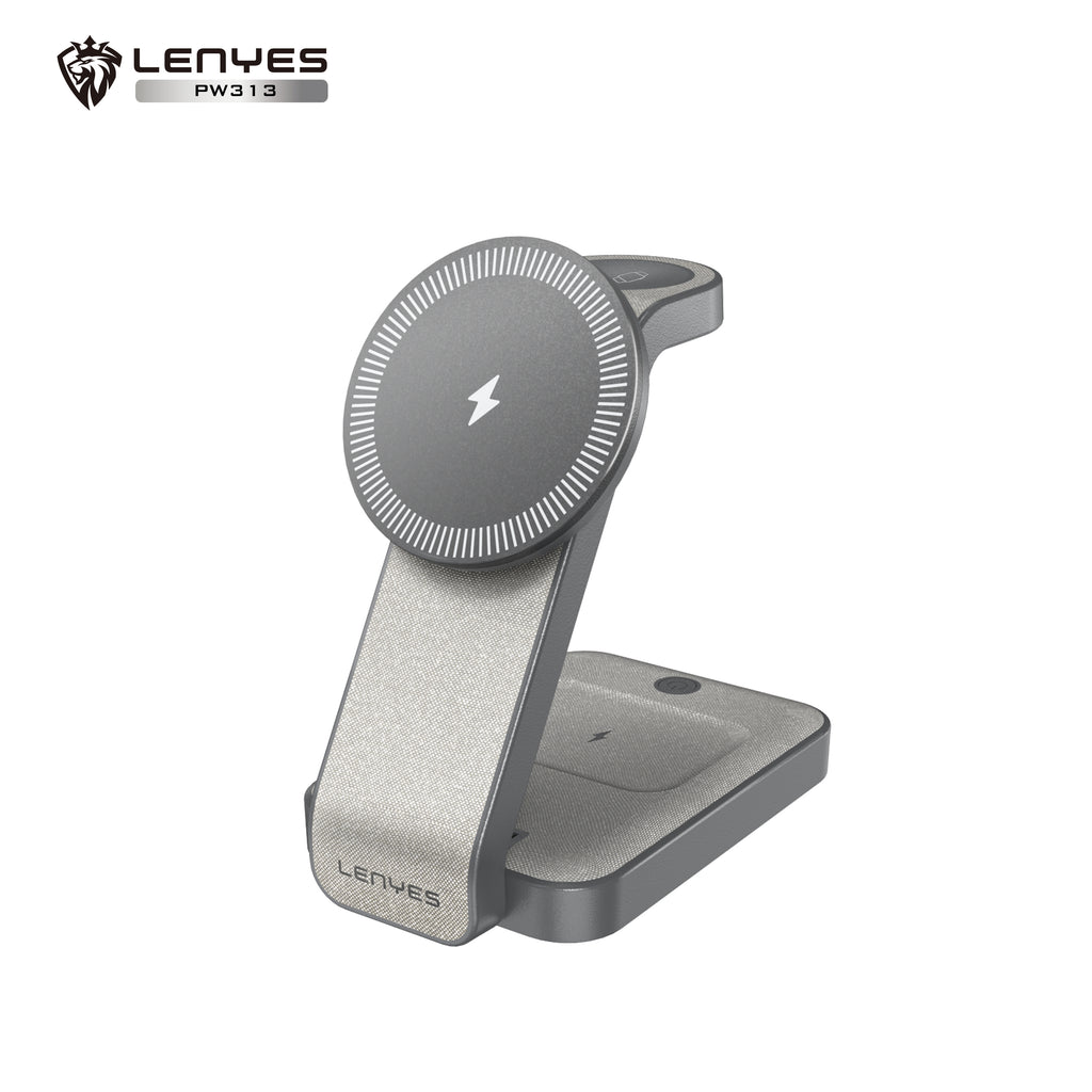 LENYES PW313 Cargador Inalámbrico 3en1 15W Plegable 0-65° Luz 9 Protecciones Gris