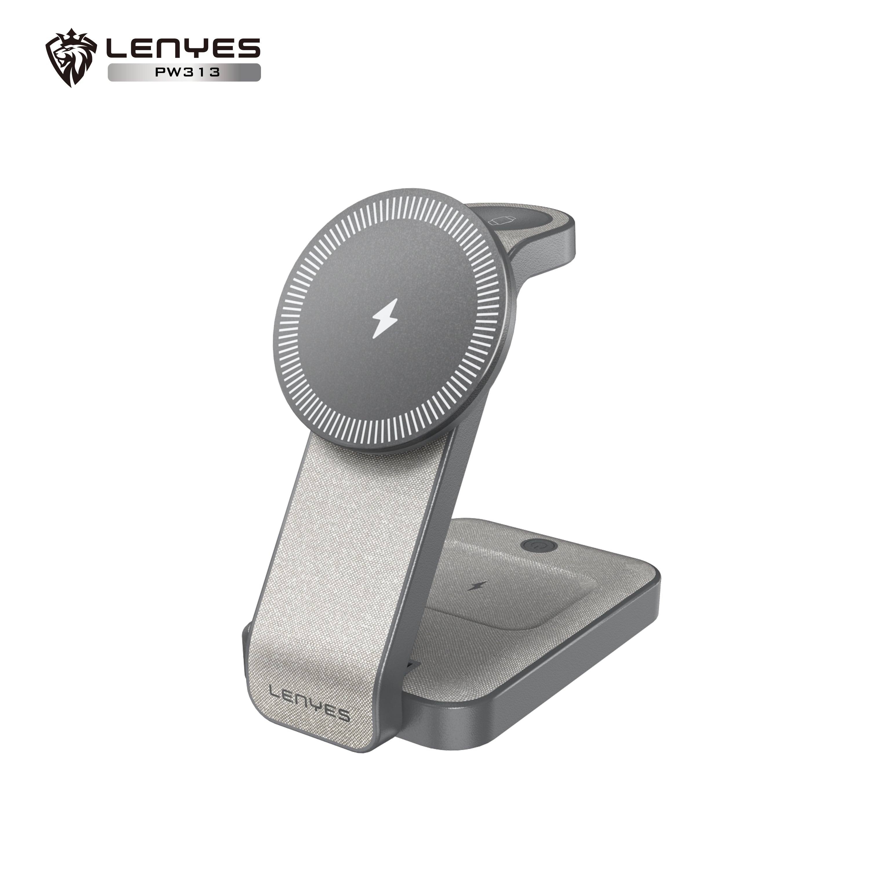 LENYES PW313 Cargador Inalámbrico 3en1 15W Plegable 0-65° Luz 9 Protecciones Gris