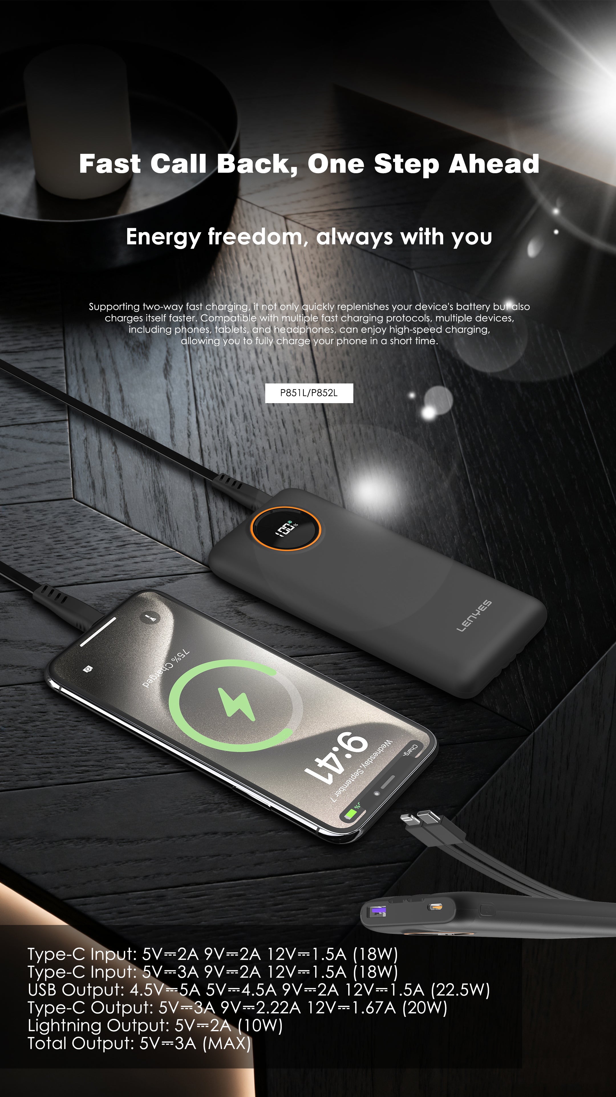 Powerbank 20.000mAH P852L BLACK