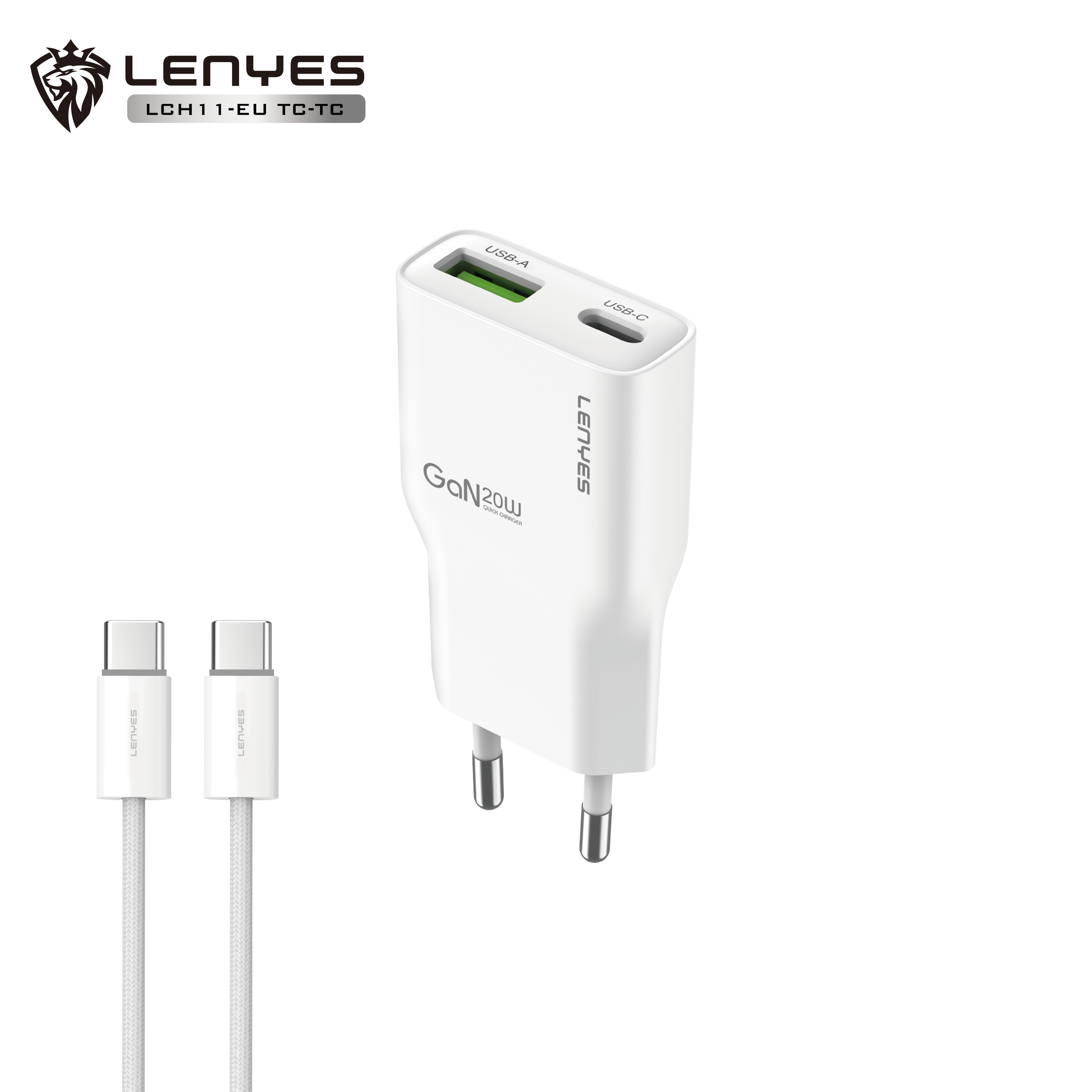 LENYES LCH11 Cargador Dual 20W USB-C + USB-A Carga Rápida Blanco