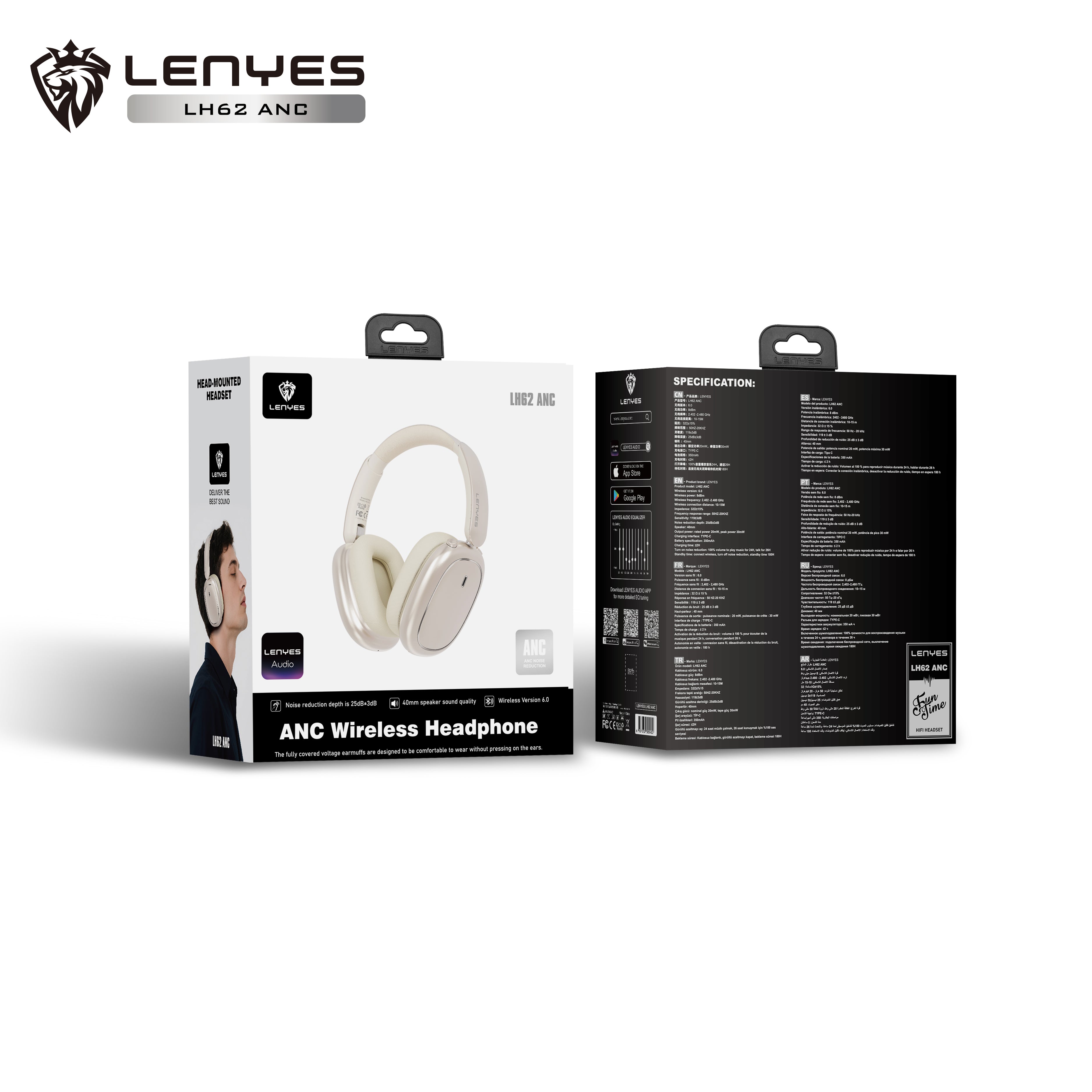 LENYES LH62 ANC Auriculares Bluetooth Cancelación Ruido 40mm 20h Dorado