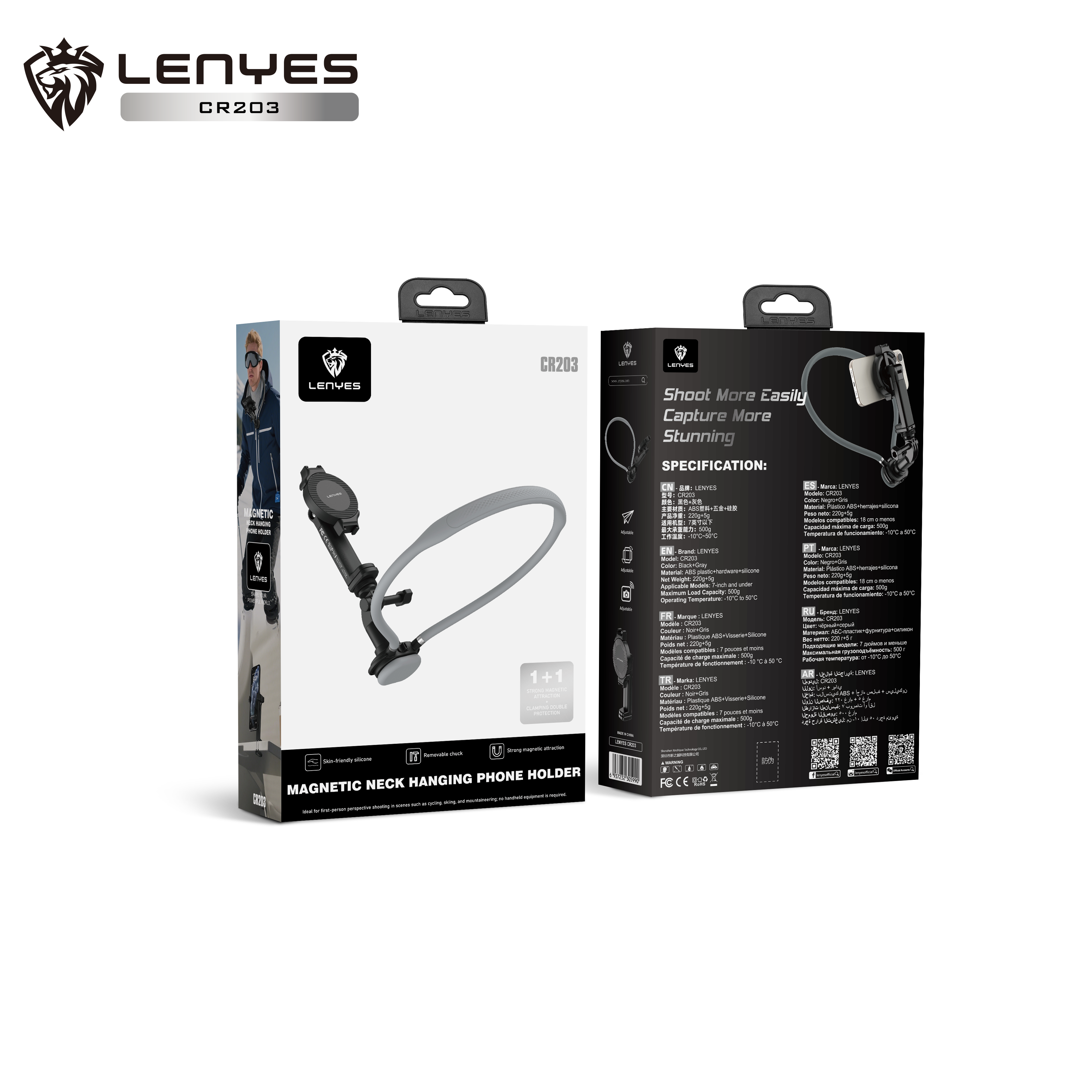 LENYES CR203 Soporte Cuello Móvil POV Magnético Doble Bloqueo Flexible Negro