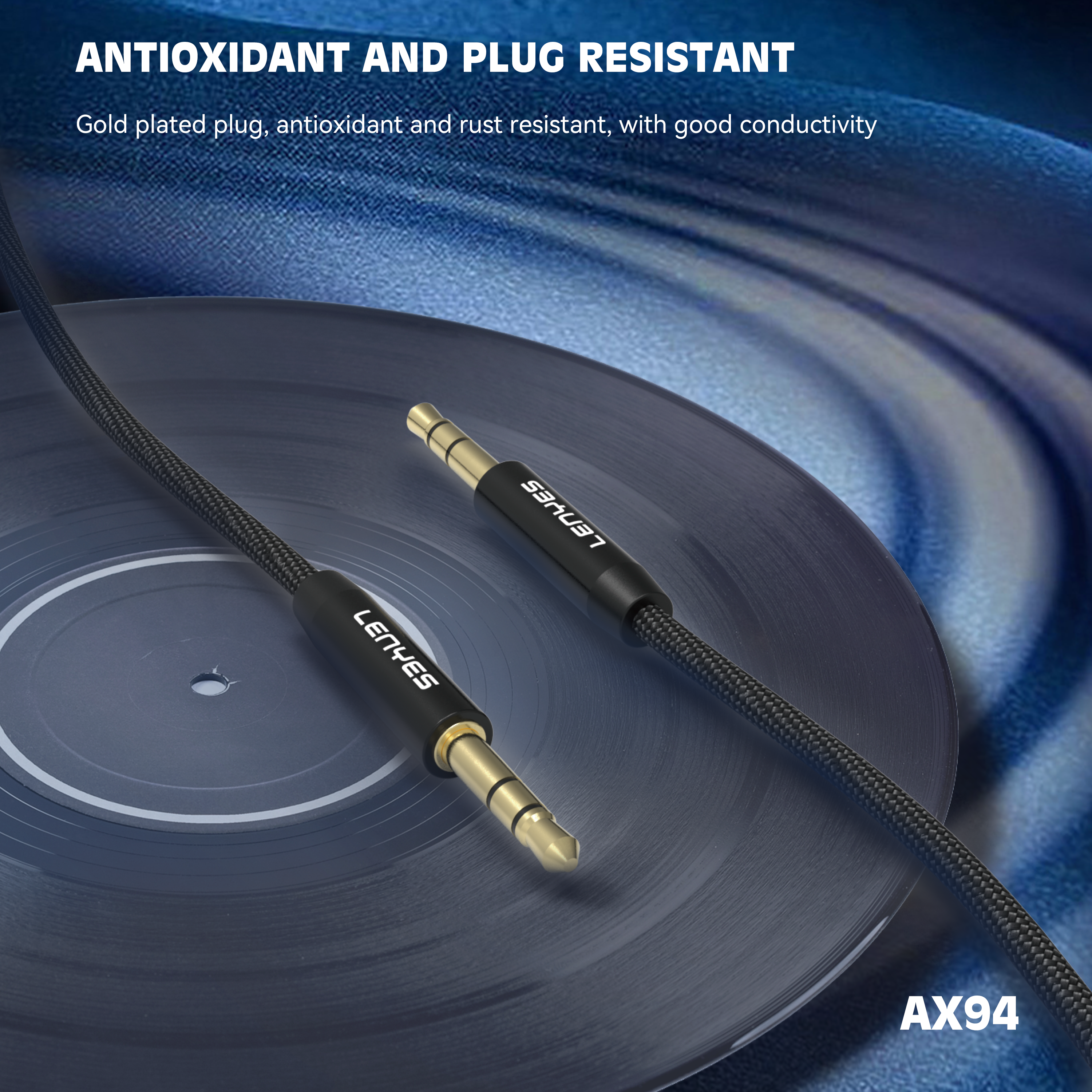 LENYES AX94 Cable Auxiliar 3.5mm Hi-Fi Chapado Oro Trenzado 1m Negro