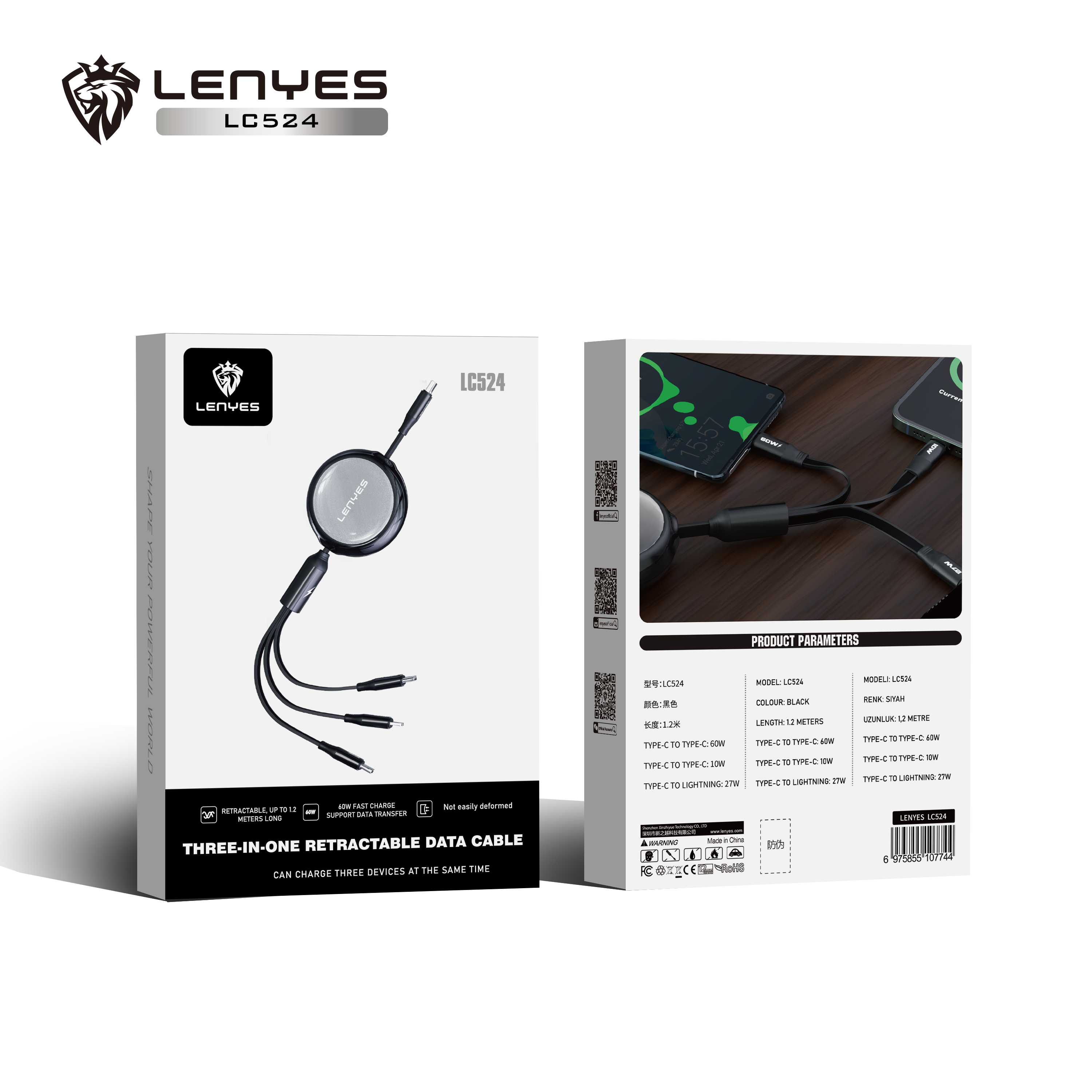 Cable Retráctil 3 en 1 - 60W LENYES LC524