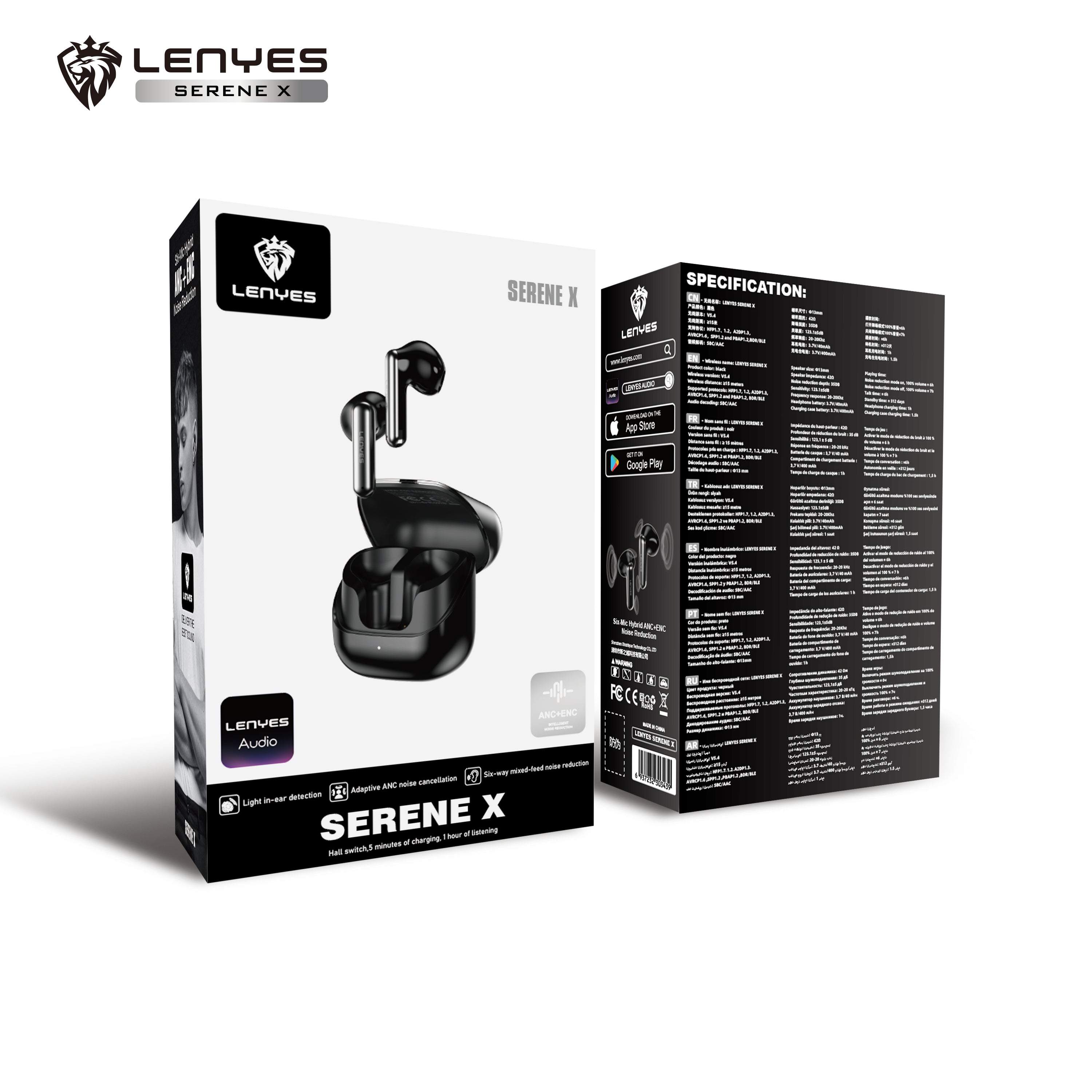 LENYES SERENE X Auriculares Bluetooth 5.4 TWS con ANC+ENC 6 Micrófonos - Sonido 360° y App Audio