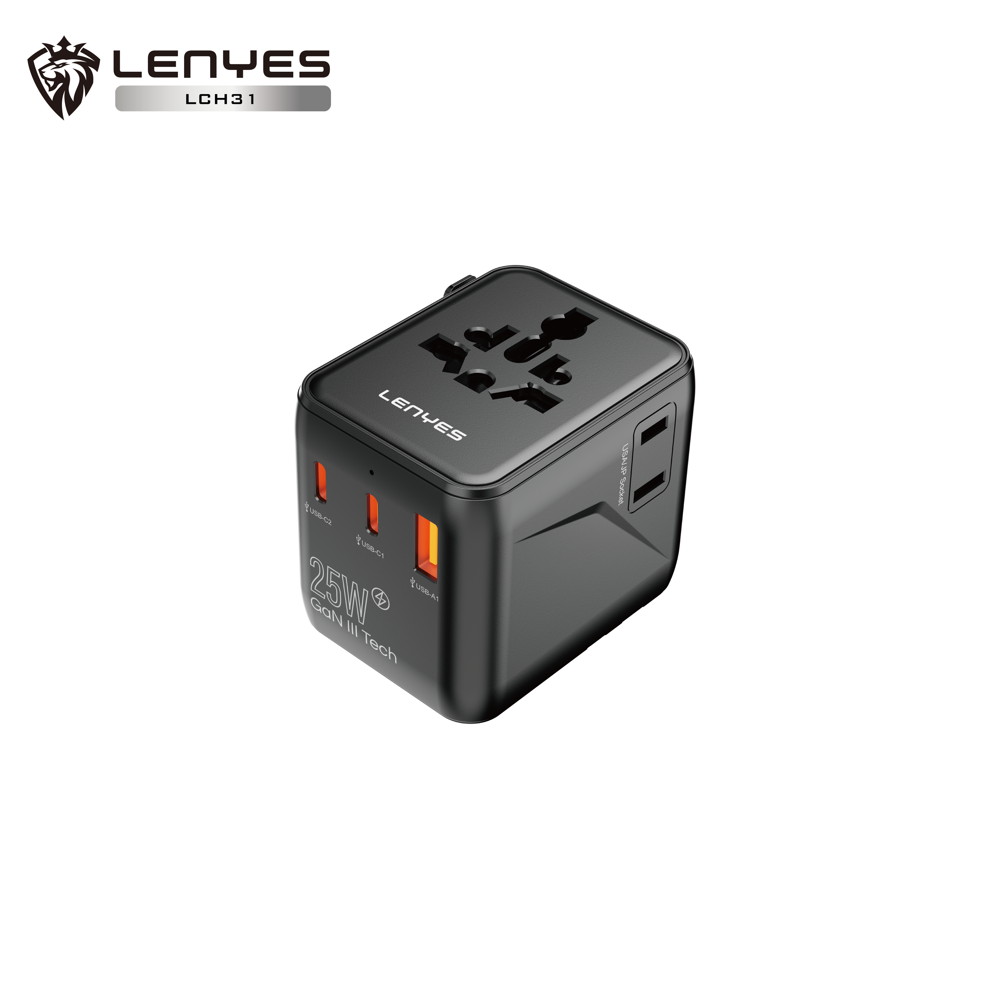LENYES LCH31 Adaptador de Viaje Universal 2500W con 2 USB-C 25W + USB-A 22.5W - UK EU USA AU