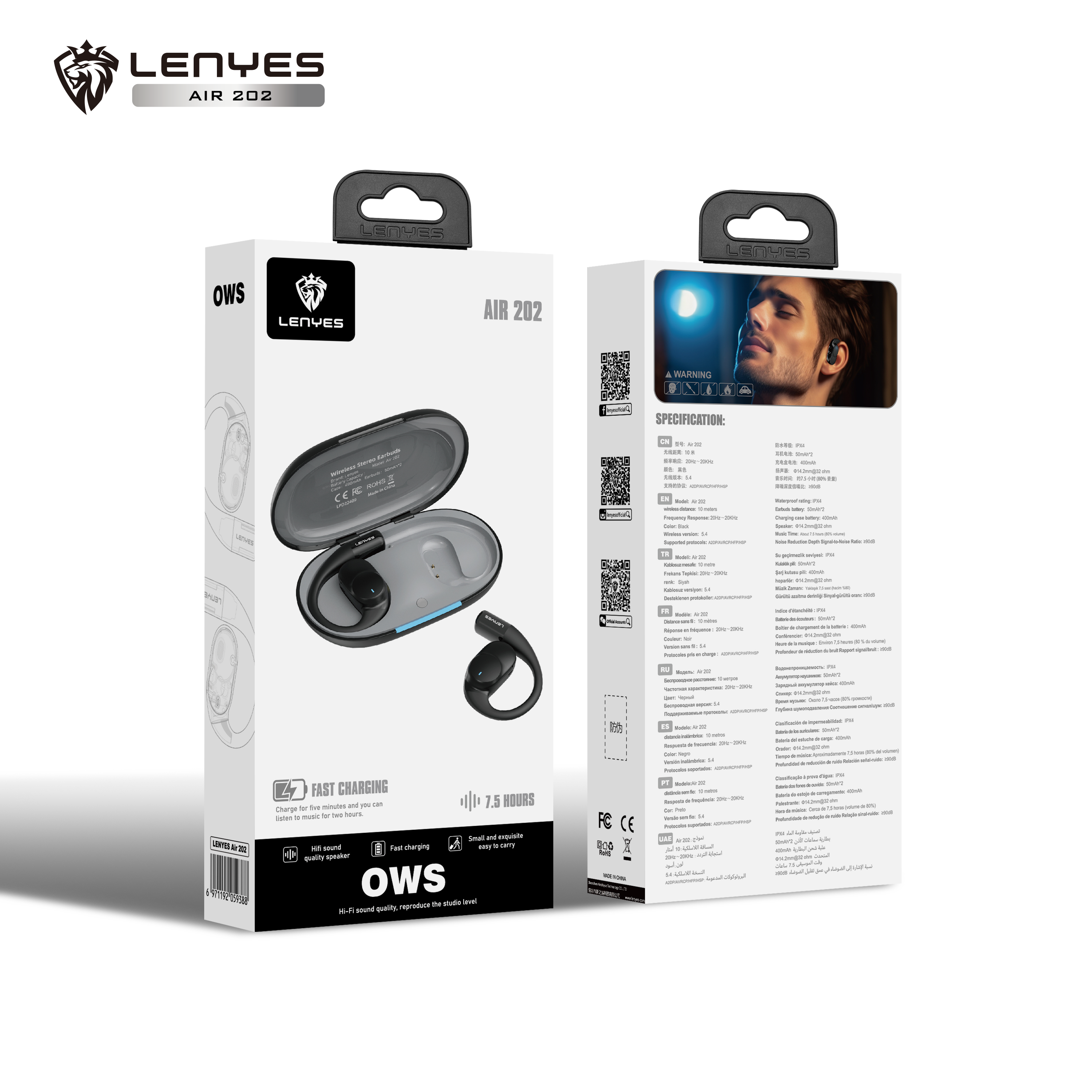 LENYES AIR 202 BLACK Auriculares Bluetooth 5.4 Abiertos con Gancho - IPX4 Resistentes al Agua 32h Batería