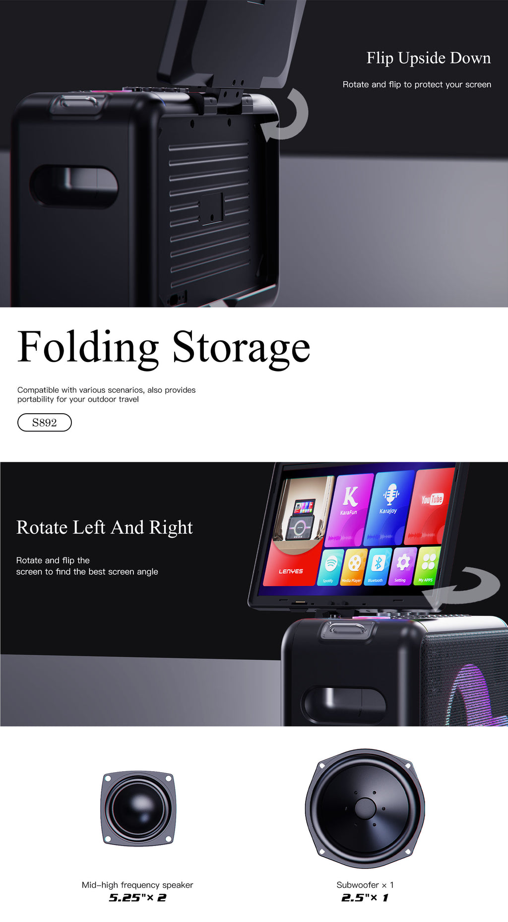 LENYES S892 Altavoz Bluetooth Profesional IPX6 TWS 15h + 2 Micrófonos Negro